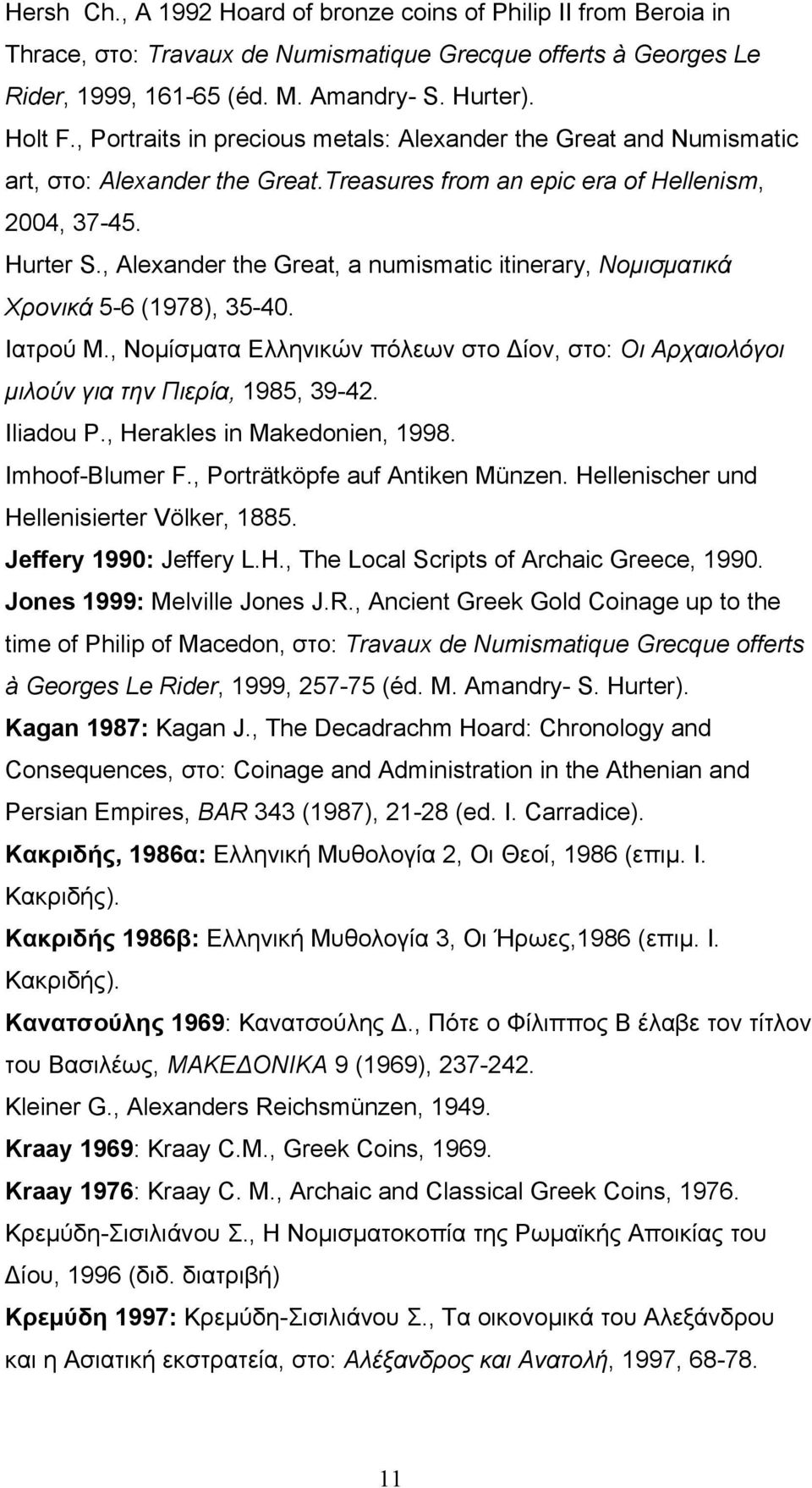 , Alexander the Great, a numismatic itinerary, Νομισματικά Χρονικά 5-6 (1978), 35-40. Ιατρού Μ., Νομίσματα Ελληνικών πόλεων στο Δίον, στο: Οι Αρχαιολόγοι μιλούν για την Πιερία, 1985, 39-42. Iliadou P.