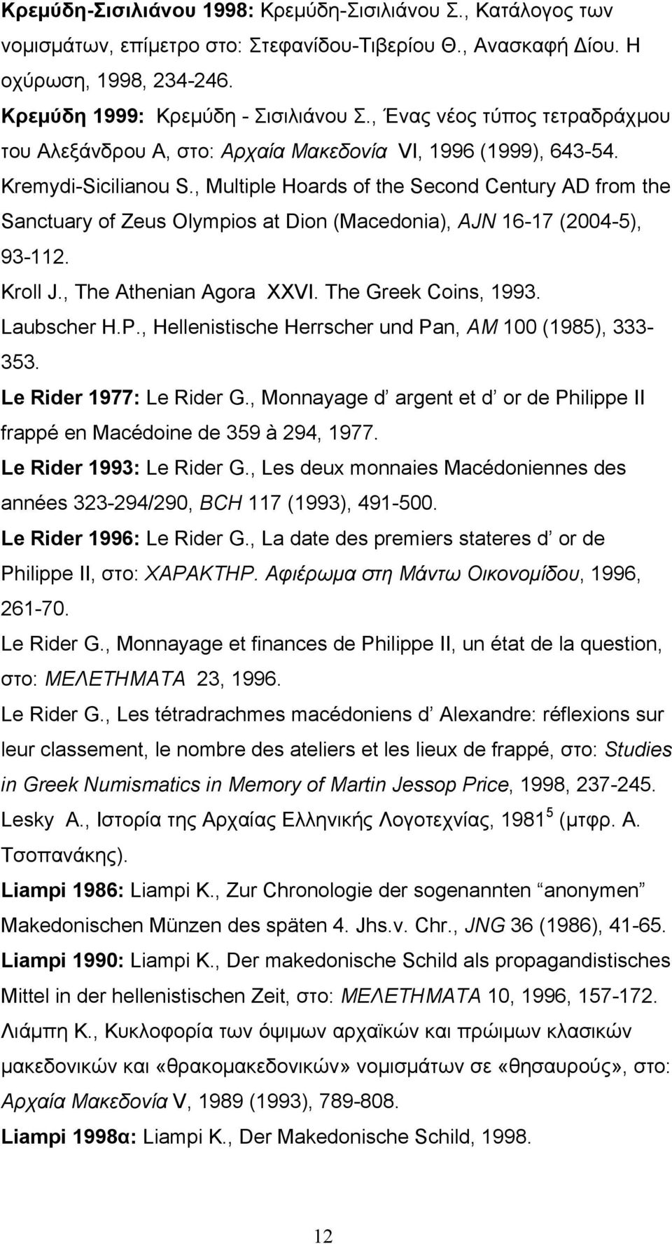 , Multiple Hoards of the Second Century AD from the Sanctuary of Zeus Olympios at Dion (Macedonia), AJN 16-17 (2004-5), 93-112. Kroll J., The Athenian Agora XXVI. The Greek Coins, 1993. Laubscher H.P.
