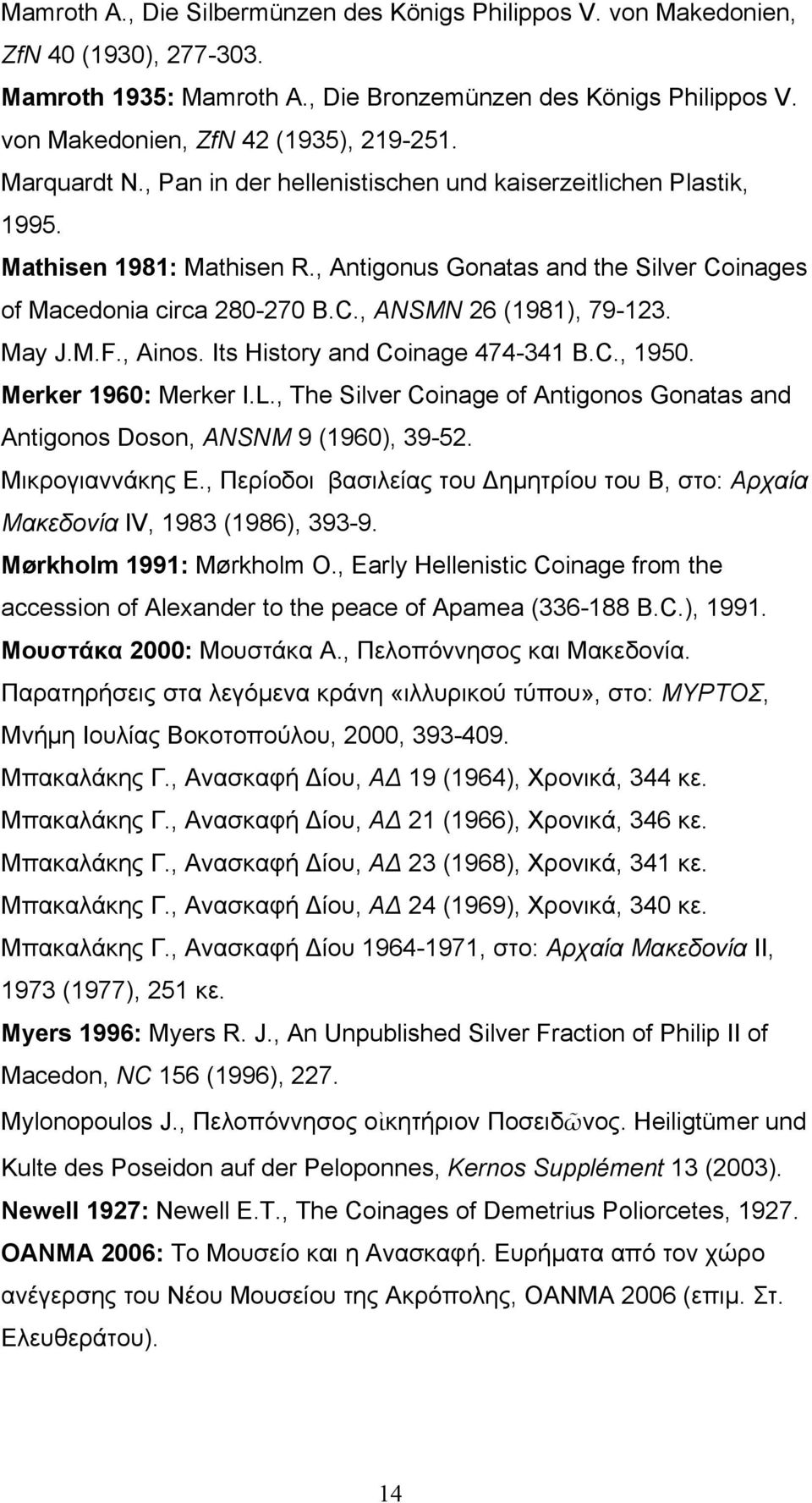 May J.M.F., Ainos. Its History and Coinage 474-341 B.C., 1950. Merker 1960: Merker I.L., The Silver Coinage of Antigonos Gonatas and Antigonos Doson, ANSNM 9 (1960), 39-52. Μικρογιαννάκης Ε.