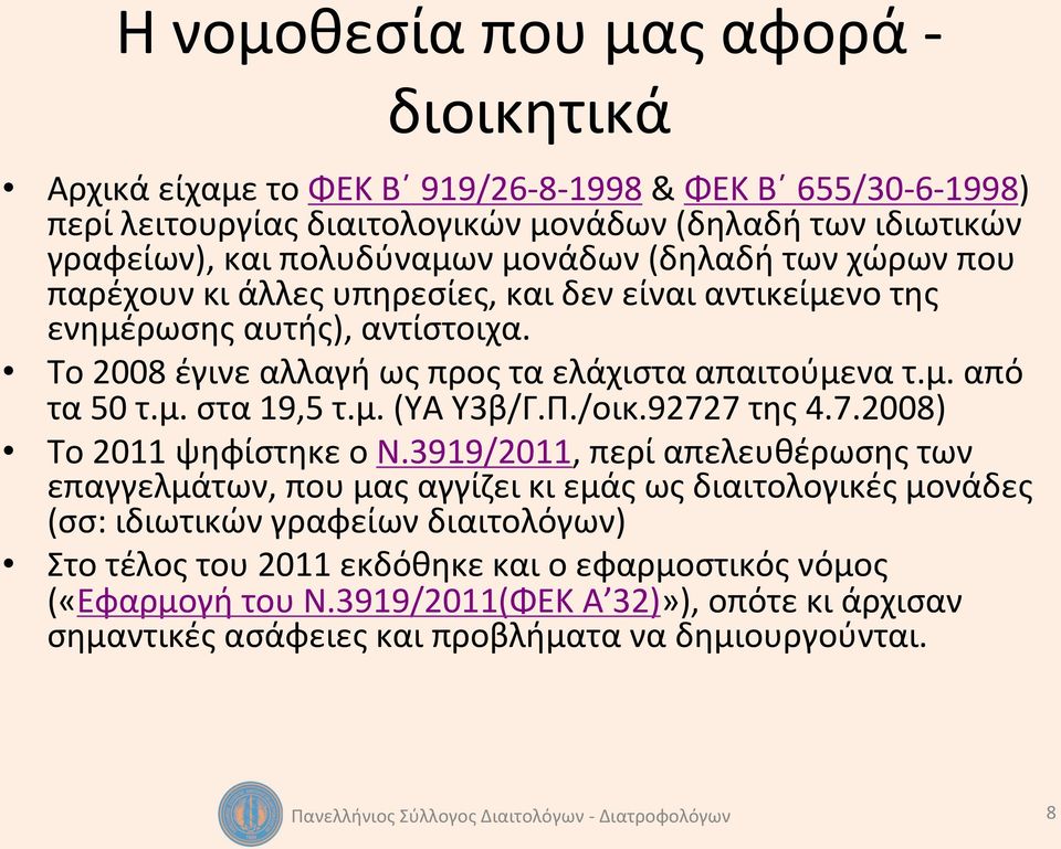 μ. στα 19,5 τ.μ. (ΥΑ Υ3β/Γ.Π./οικ.92727 της 4.7.2008) Το 2011 ψηφίστηκε ο Ν.