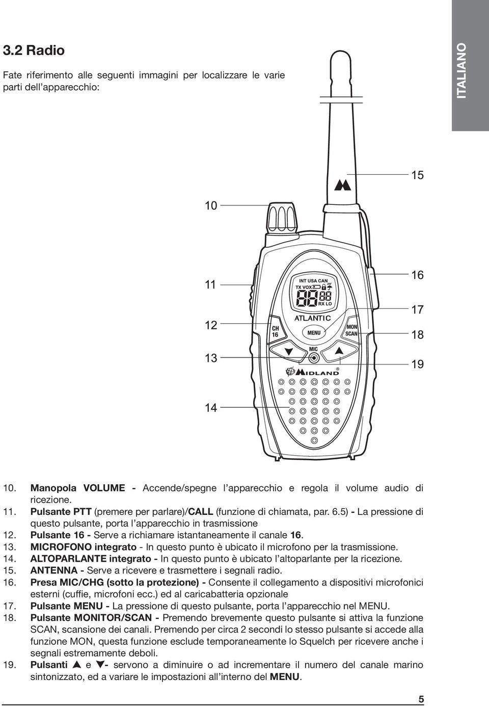 Pulsante 16 - Serve a richiamare istantaneamente il canale 16. 13. MICROFONO integrato - In questo punto è ubicato il microfono per la trasmissione. 14.