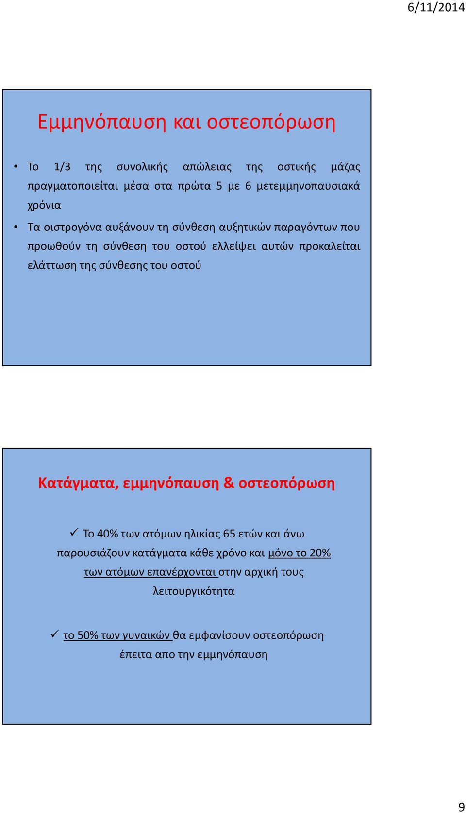 σύνθεσης του οστού Κατάγματα, εμμηνόπαυση & οστεοπόρωση Το 40% των ατόμων ηλικίας 65 ετών και άνω παρουσιάζουν κατάγματα κάθε χρόνο και