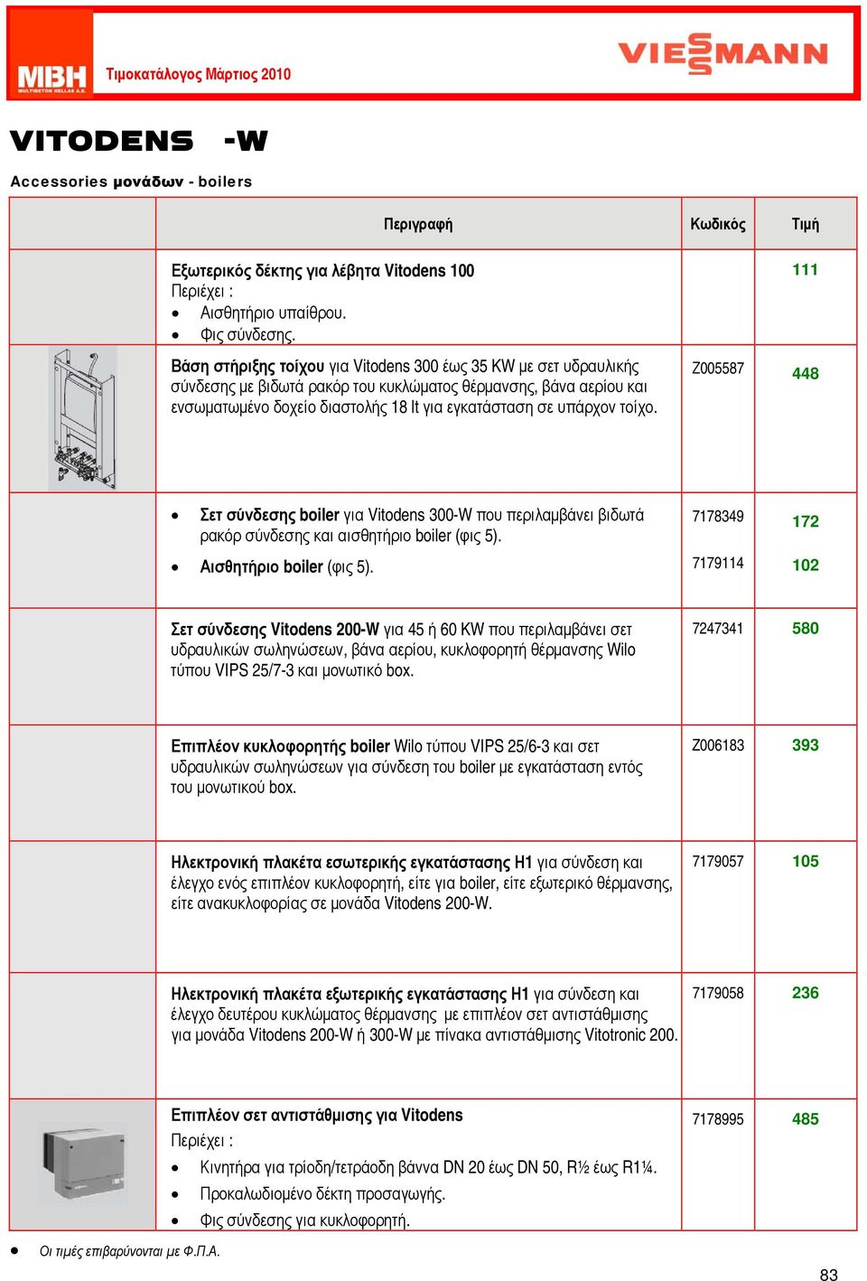 τοίχο. 111 Ζ005587 448 Σετ σύνδεσης boiler για Vitodens 300-W που περιλαμβάνει βιδωτά ρακόρ σύνδεσης και αισθητήριο boiler (φις 5). Αισθητήριο boiler (φις 5).