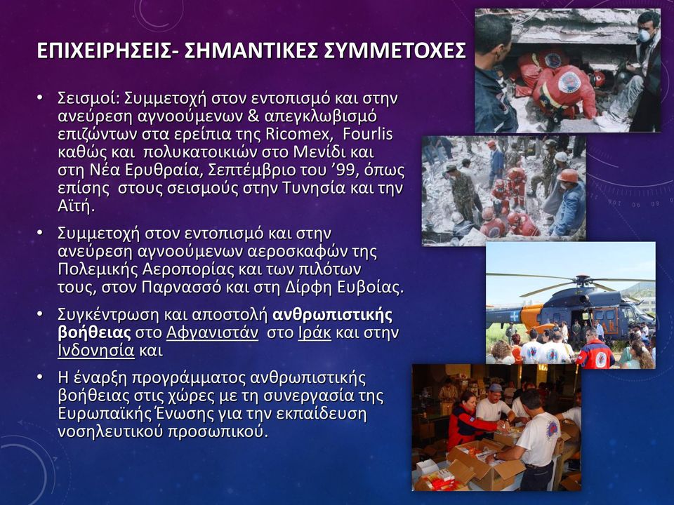 Συμμετοχή στον εντοπισμό και στην ανεύρεση αγνοούμενων αεροσκαφών της Πολεμικής Αεροπορίας και των πιλότων τους, στον Παρνασσό και στη Δίρφη Ευβοίας.