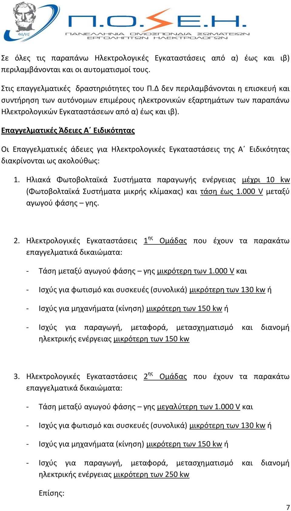 Επαγγελματικές Άδειες Α Ειδικότητας Οι Επαγγελματικές άδειες για Ηλεκτρολογικές Εγκαταστάσεις της Α Ειδικότητας διακρίνονται ως ακολούθως: 1.