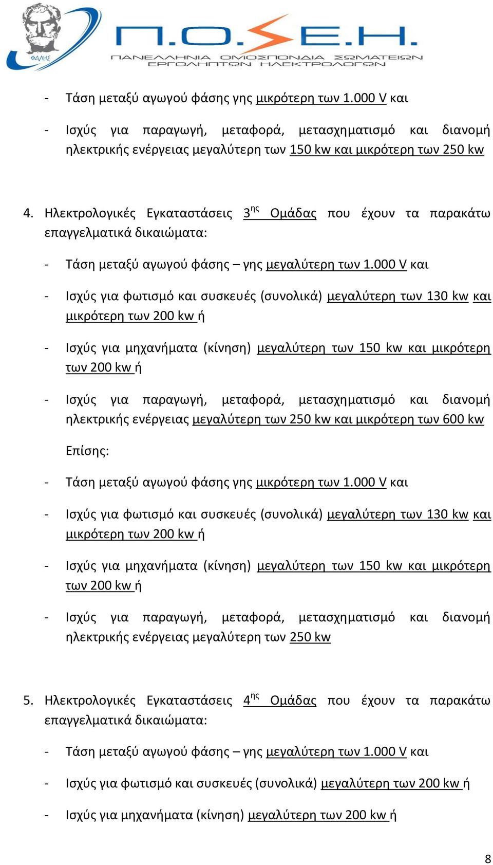 000 V και - Ισχύς για φωτισμό και συσκευές (συνολικά) μεγαλύτερη των 130 kw και μικρότερη των 200 kw ή - Ισχύς για μηχανήματα (κίνηση) μεγαλύτερη των 150 kw και μικρότερη των 200 kw ή - Ισχύς για