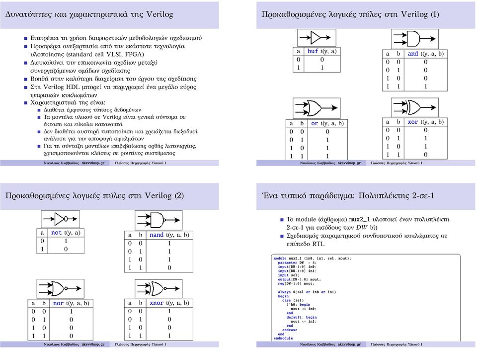 περιγραφεί ένα μεγάλο εύρος ψηφιακών κυκλωμάτων Χαρακτηριστικά της είναι: Διαθέτει έμφυτους τύπους δεδομένων Τα μοντέλα υλικού σε Verilog είναι γενικά σύντομα σε έκταση και εύκολα κατανοητά Δεν