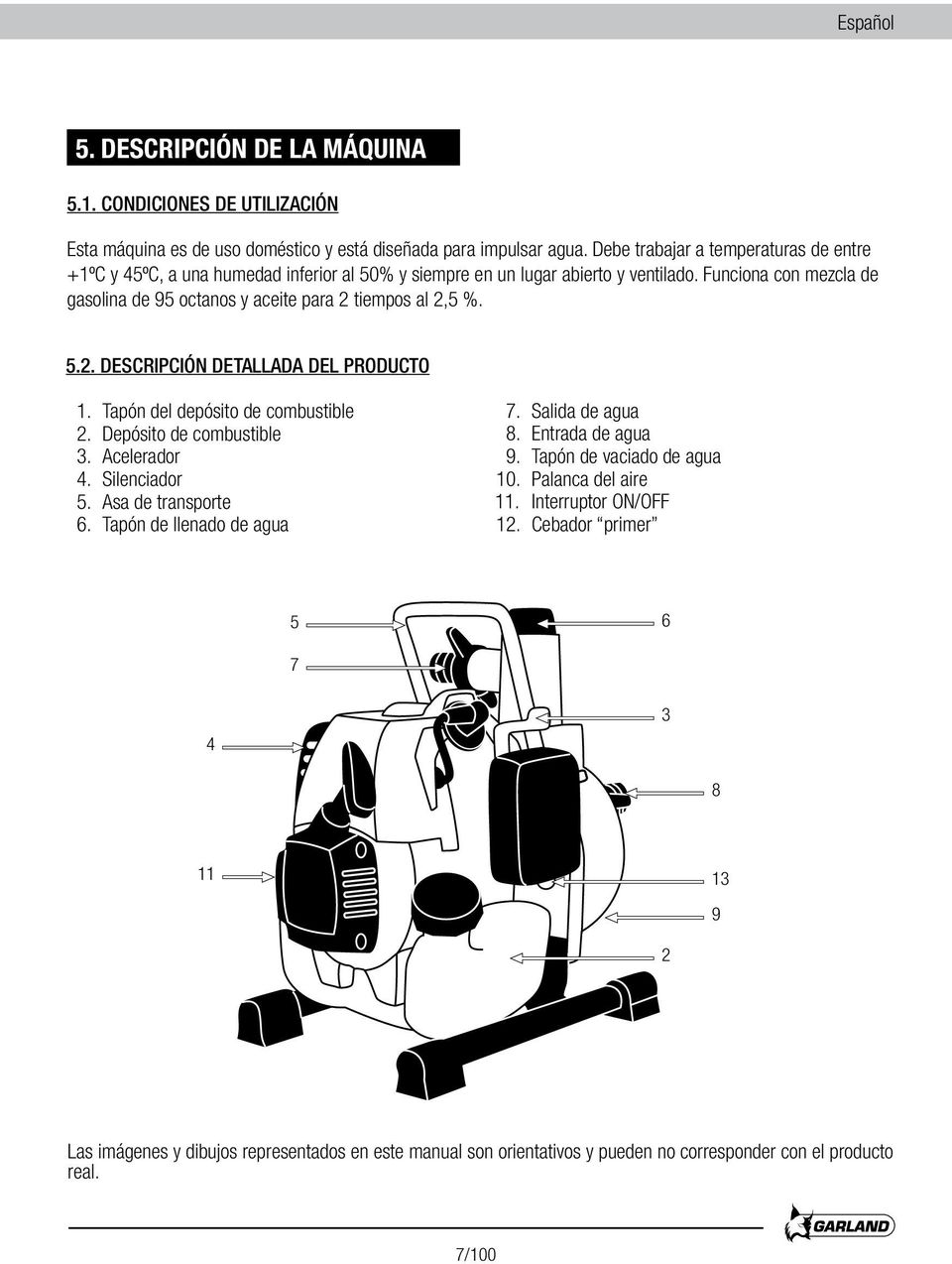 Funciona con mezcla de gasolina de 95 octanos y aceite para 2 tiempos al 2,5 %. 5.2. DESCRIPCIÓN DETALLADA DEL PRODUCTO 1. Tapón del depósito de combustible 2. Depósito de combustible 3.