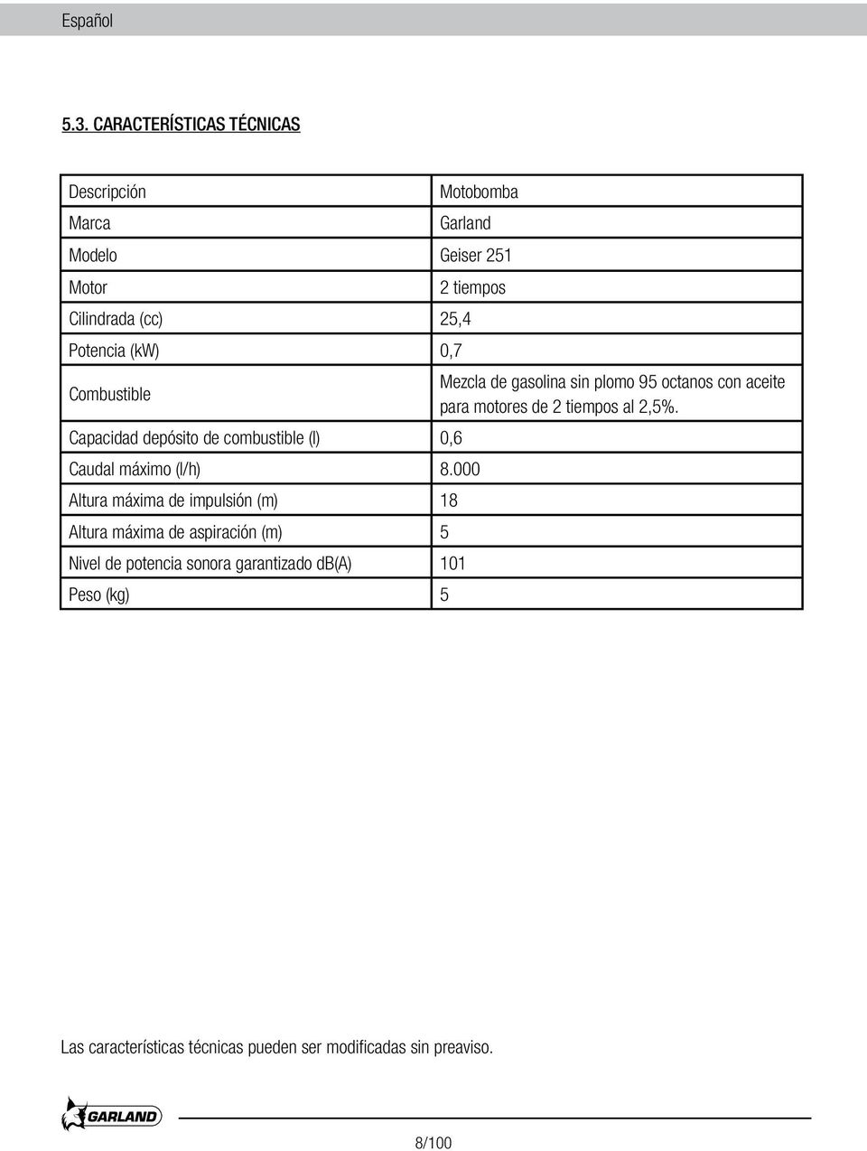 tiempos Combustible Mezcla de gasolina sin plomo 95 octanos con aceite para motores de 2 tiempos al 2,5%.