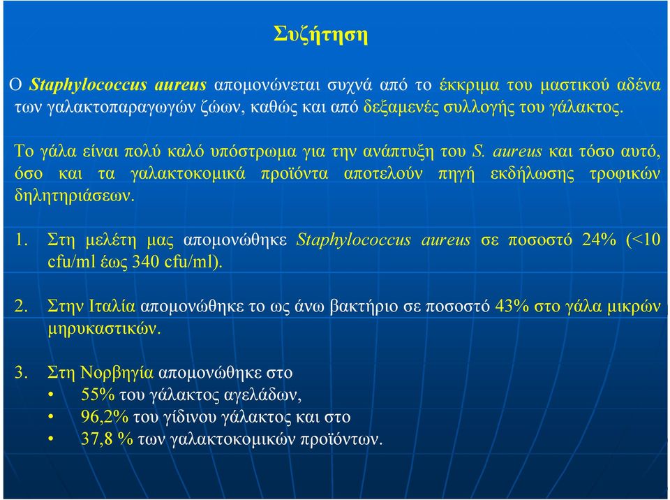 1. Στη µελέτη µας αποµονώθηκε Staphylococcus aureus σε ποσοστό 24% (<10 cfu/ml έως 340 cfu/ml). 2. Στην Ιταλία αποµονώθηκε το ως άνω βακτήριο σε ποσοστό 43% στο γάλα µικρών µηρυκαστικών.