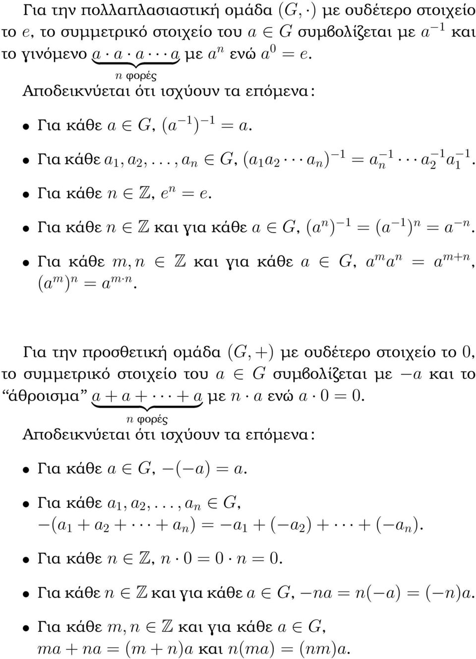 Για κάθε m, Z και για κάθε a G, a m a = a m+, (a m ) = a m.