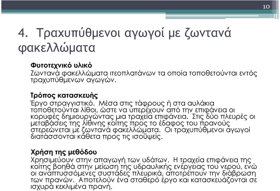 Στις δύο πλευρές οι μεταβάσεις της λίθινης κοίτης προς το έδαφος του πρανούς στερεώνεται με ζωντανά φακελλώματα. Οι τραχυπύθμενοι αγωγοί διατάσσονται κάθετα προς τις ισοϋψείς.