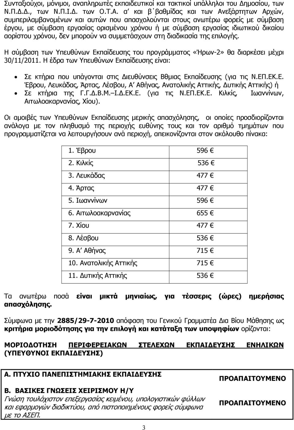 δικαίου αορίστου χρόνου, δεν μπορούν να συμμετάσχουν στη διαδικασία της επιλογής. Η σύμβαση των Υπευθύνων Εκπαίδευσης του προγράμματος «Ήρων-2» θα διαρκέσει μέχρι 30/11/2011.
