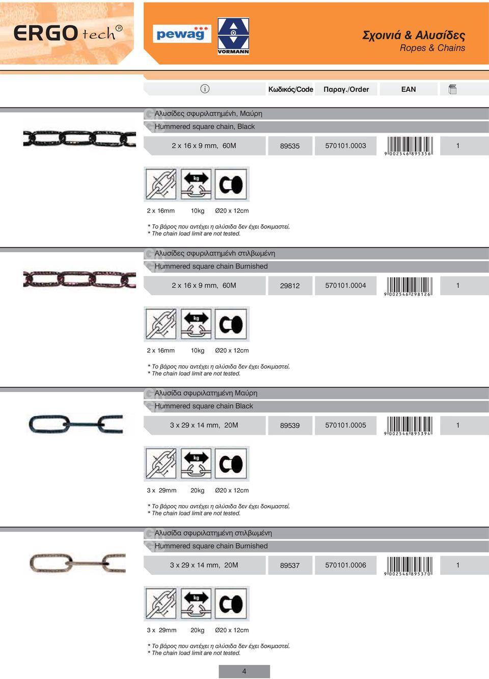 0004 1 2 x 16mm 10kg Ø20 x 12cm * The chan load lmt are not tested. Αλυσίδα σφυριλατημένη Μαύρη Hummered square chan Black 3 x 29 x 14 mm, 20Μ 89539 570101.