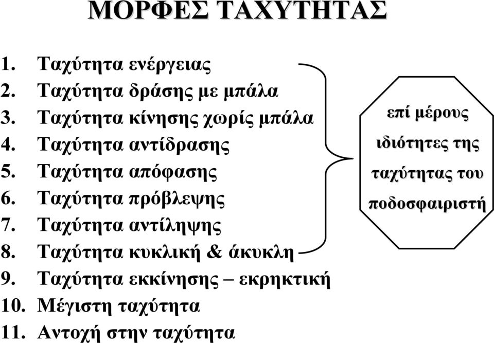Ταχύτητα πρόβλεψης 7. Ταχύτητα αντίληψης 8. Ταχύτητα κυκλική & άκυκλη 9.