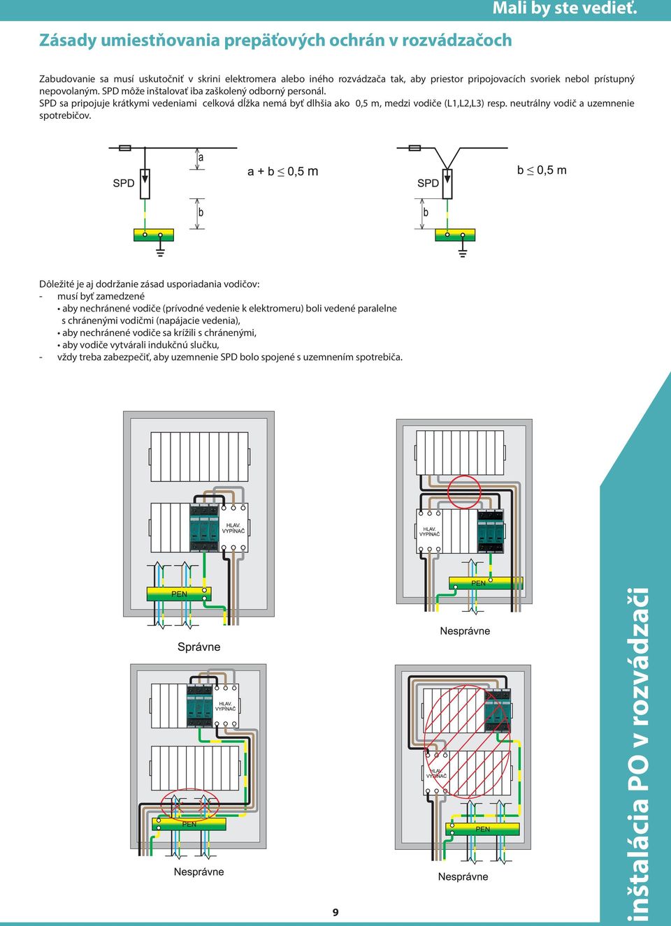 SPD môže inštalovať iba zaškolený odborný personál. SPD sa pripojuje krátkymi vedeniami celková dĺžka nemá byť dlhšia ako 0,5 m, medzi vodiče (L1,L2,L3) resp. neutrálny vodič a uzemnenie spotrebičov.