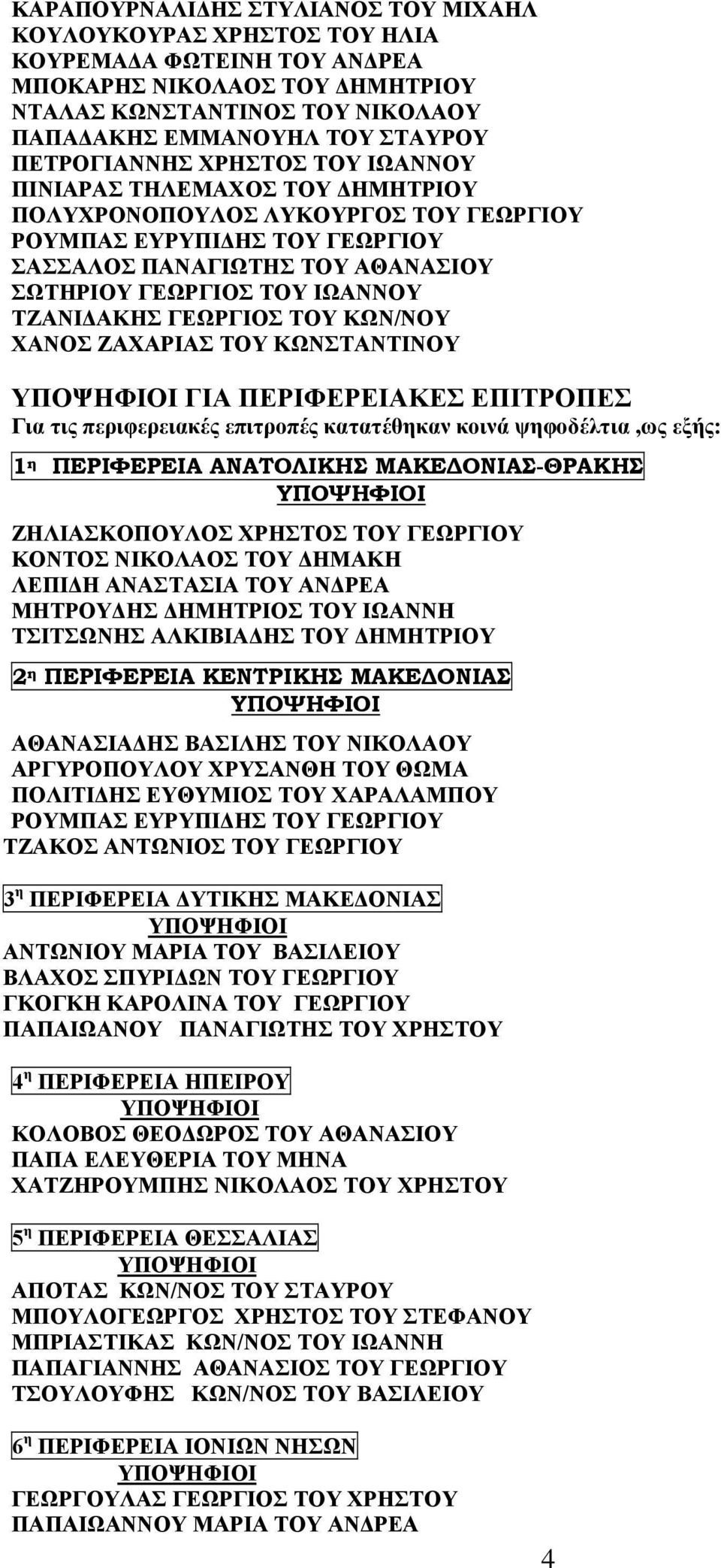 ΤΖΑΝΙΔΑΚΗΣ ΓΕΩΡΓΙΟΣ ΤΟΥ ΚΩΝ/ΝΟΥ ΧΑΝΟΣ ΖΑΧΑΡΙΑΣ ΤΟΥ ΚΩΝΣΤΑΝΤΙΝΟΥ ΓΙΑ ΠΕΡΙΦΕΡΕΙΑΚΕΣ ΕΠΙΤΡΟΠΕΣ Για τις περιφερειακές επιτροπές κατατέθηκαν κοινά ψηφοδέλτια,ως εξής: 1 η ΠΕΡΙΦΕΡΕΙΑ ΑΝΑΤΟΛΙΚΗΣ