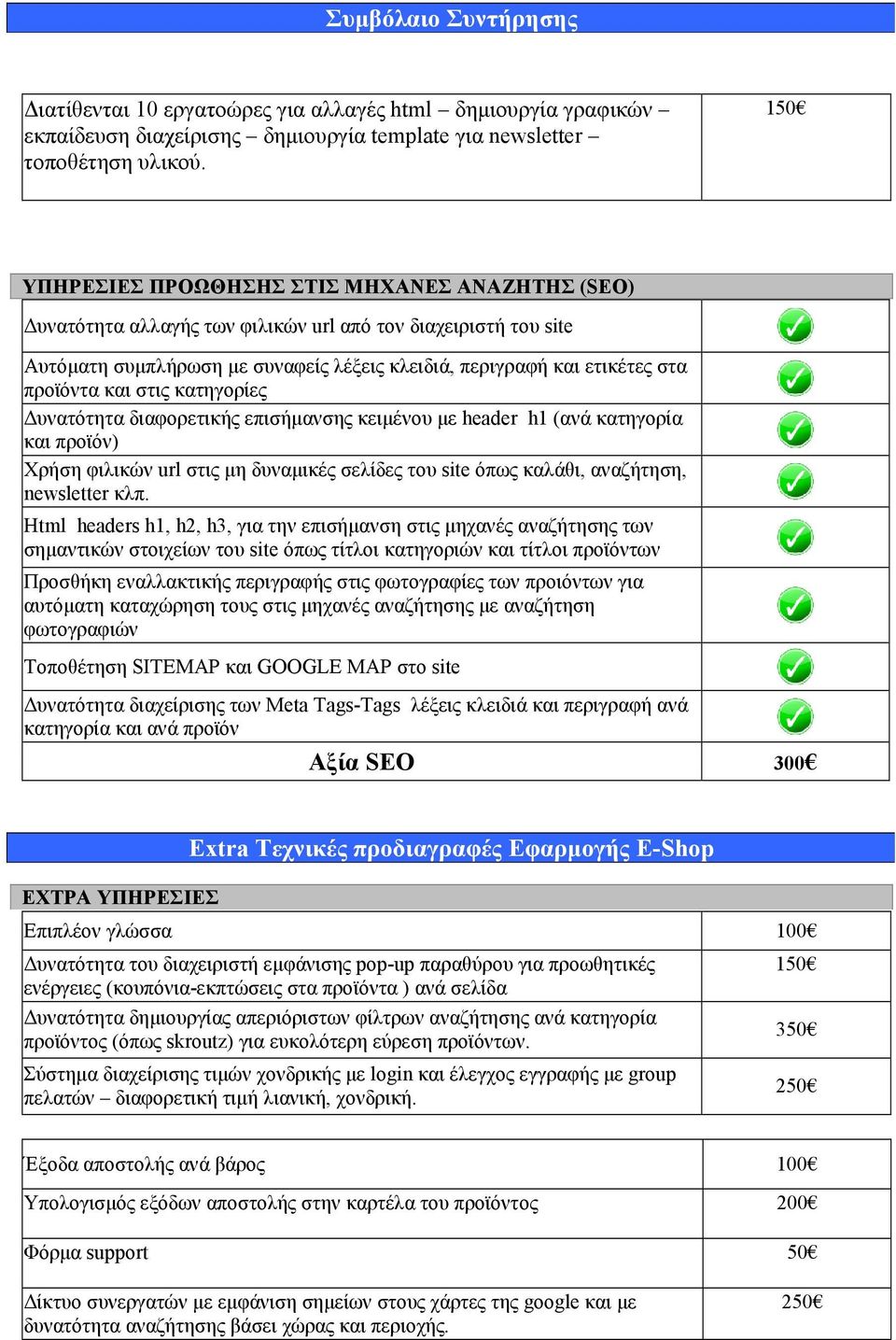 και στις κατηγορίες Δυνατότητα διαφορετικής επισήμανσης κειμένου με header h1 (ανά κατηγορία και προϊόν) Χρήση φιλικών url στις μη δυναμικές σελίδες του site όπως καλάθι, αναζήτηση, newsletter κλπ.