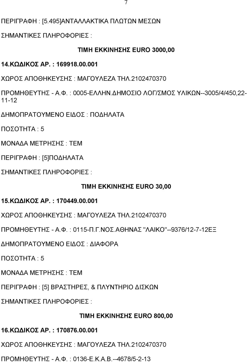 : 170449.00.001 ΤΙΜΗ ΕΚΚΙΝΗΣΗΣ EURO 30,00 ΠΡΟΜΗΘΕΥΤΗΣ - Α.Φ. : 0115-Π.Γ.ΝΟΣ.