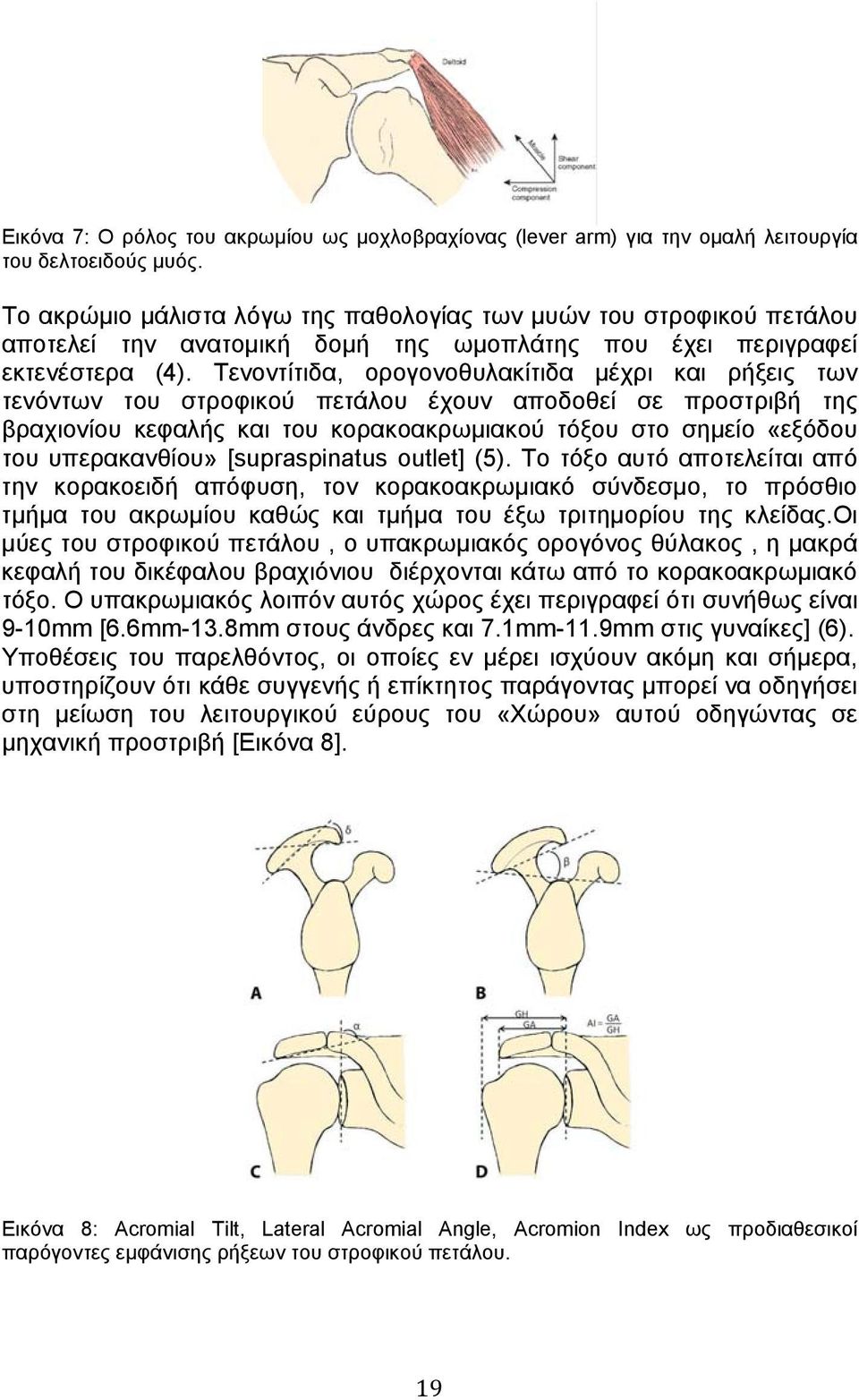 Τενοντίτιδα, ορογονοθυλακίτιδα μέχρι και ρήξεις των τενόντων του στροφικού πετάλου έχουν αποδοθεί σε προστριβή της βραχιονίου κεφαλής και του κορακοακρωμιακού τόξου στο σημείο «εξόδου του