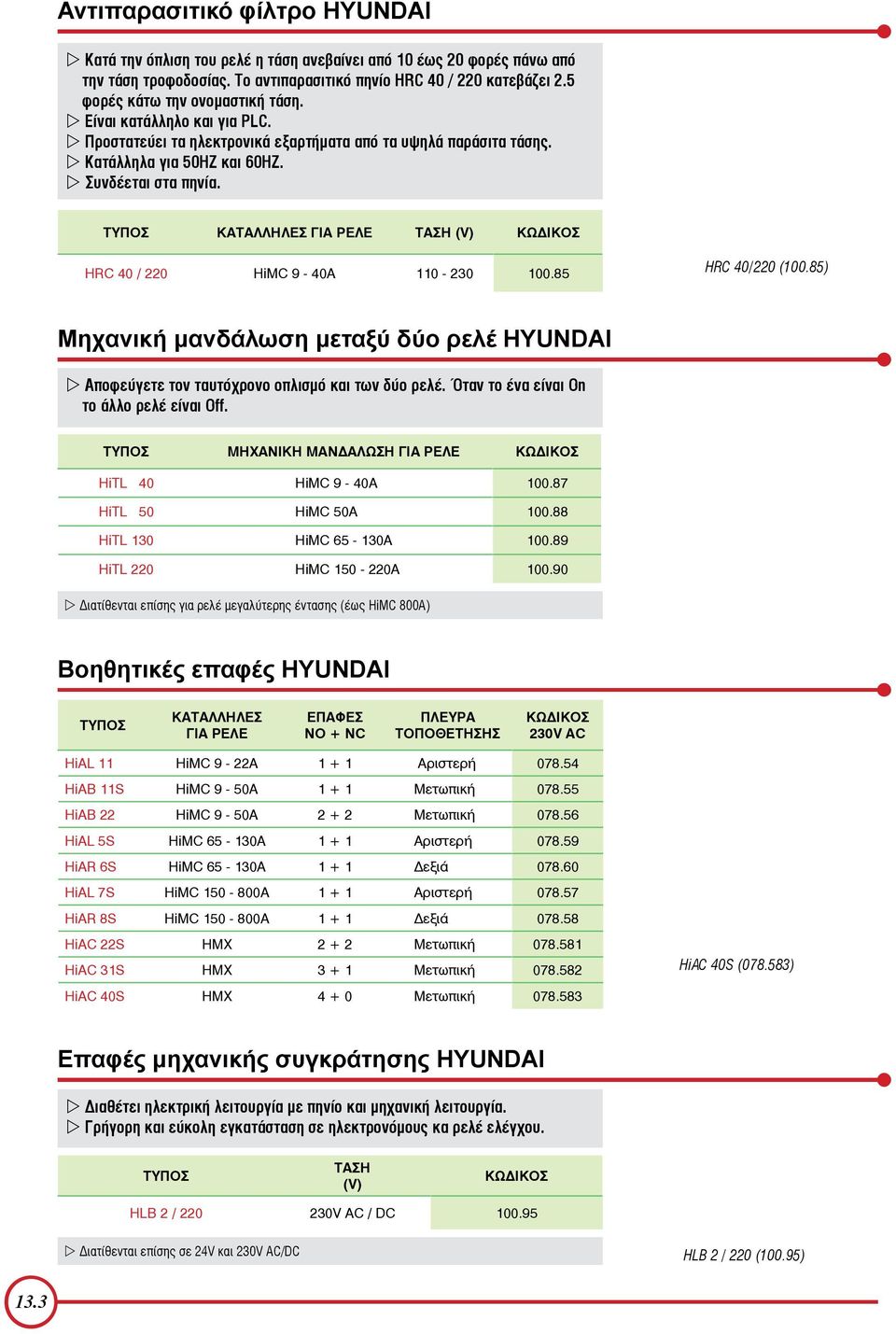 ΚΑΤΑΛΛΗΛΕΣ ΓΙΑ (V) HRC 40 / 220 9-40A 110-230 100.85 HRC 40/220 (100.85) Μηχανική μανδάλωση μεταξύ δύο ρελέ HYUNDAI Αποφεύγετε τον ταυτόχρονο οπλισµό και των δύο ρελέ.