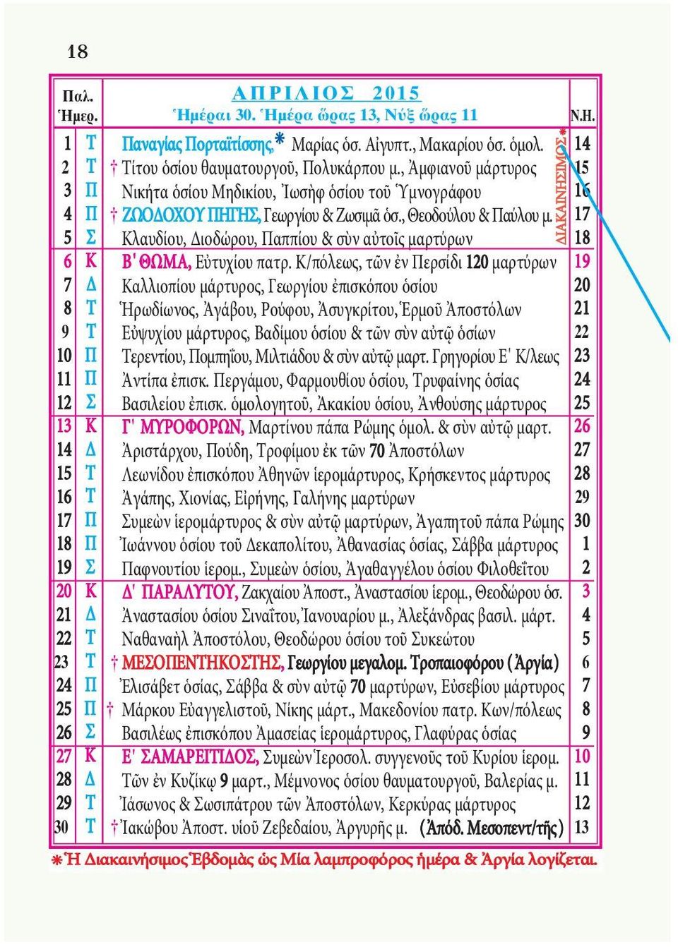 , Ἀμφιανοῦ μάρτυρος Νικήτα ὁσίου Μηδικίου, Ἰωσὴφ ὁσίου τοῦ Ὑμνογράφου ΖΩΟΔΟΧΟυ ΠηΓηΣ, Γεωργίου & Ζωσιμᾶ ὁσ., Θεοδούλου & Παύλου μ.