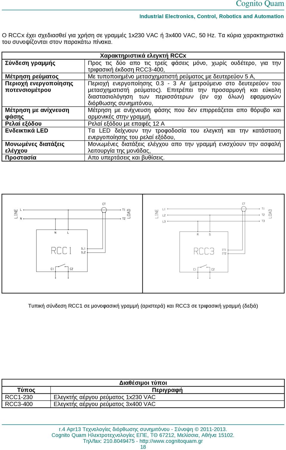 δύο απο τις τρείς φάσεις μόνο, χωρίς ουδέτερο, για την τριφασική έκδοση RCC3-400, Με τυποποιημένο μετασχηματιστή ρεύματος με δευτερεύον 5 A, Περιοχή ενεργοποίησης 0.
