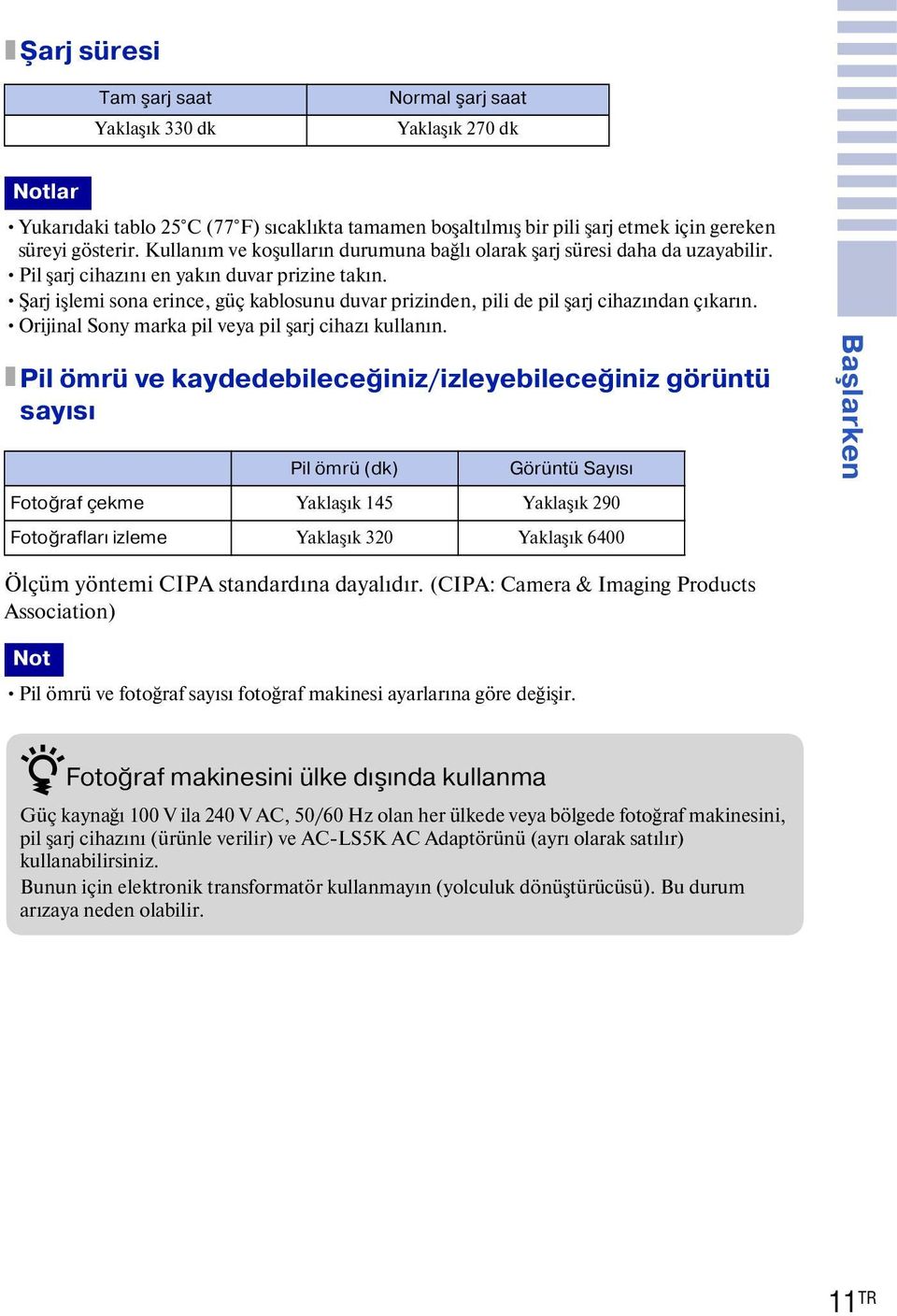 Şarj işlemi sona erince, güç kablosunu duvar prizinden, pili de pil şarj cihazından çıkarın. Orijinal Sony marka pil veya pil şarj cihazı kullanın.