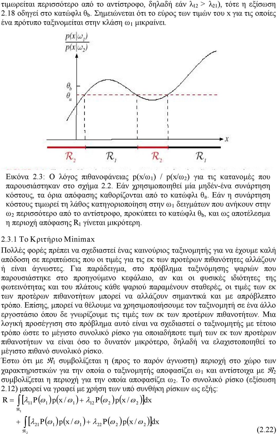 3: Ο λόγος πιθανοφάνειας p(x/ω ) / p(x/ω ) για τις κατανομές που παρουσιάστηκαν στο σχήμα.. Εάν χρησιμοποιηθεί μία μηδέν ένα συνάρτηση κόστους, τα όρια απόφασης καθορίζονται από το κατώφλι θ a.