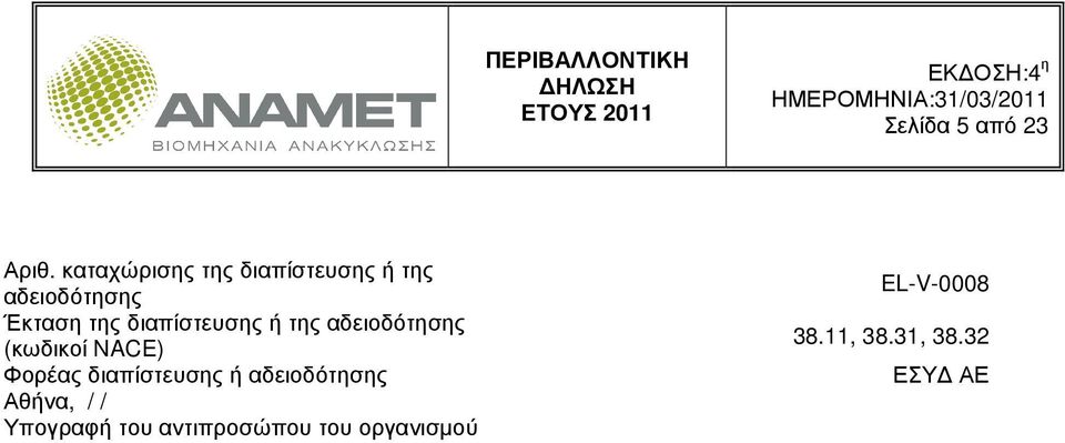 διαπίστευσης ή της αδειοδότησης (κωδικοί NACE) Φορέας