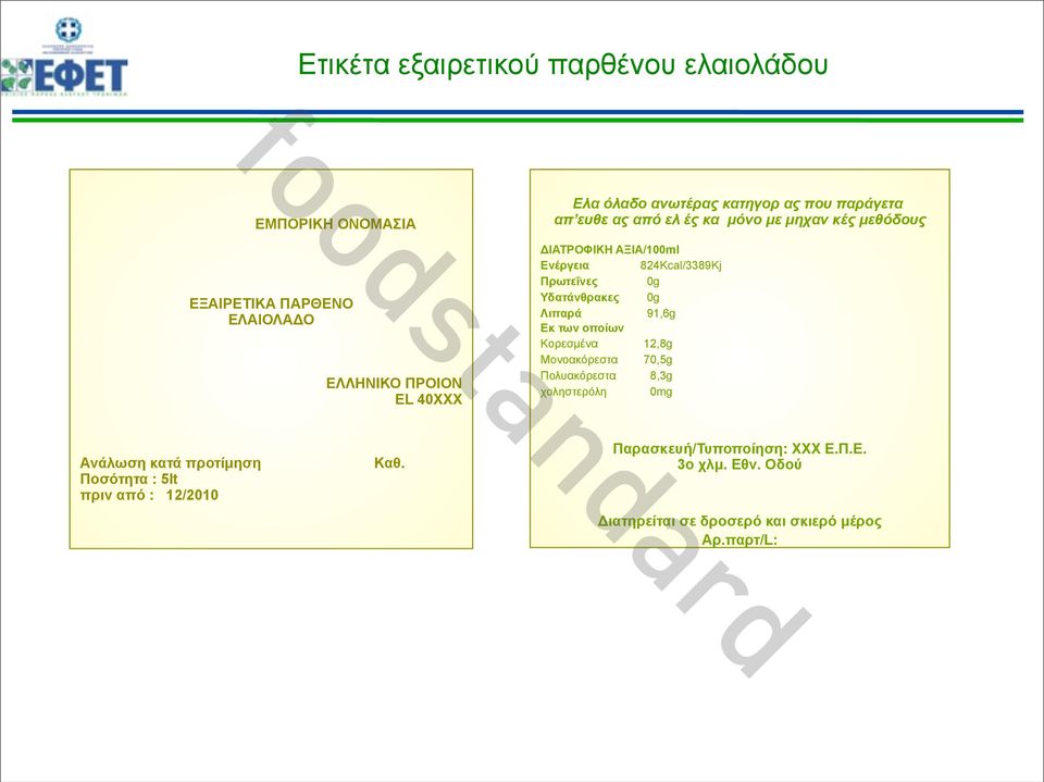 Υδατάνθρακες 0g Λιπαρά 91,6g Εκ των οποίων Κορεσµένα 12,8g Μονοακόρεστα 70,5g Πολυακόρεστα 8,3g χοληστερόλη 0mg Ανάλωση κατά προτίµηση