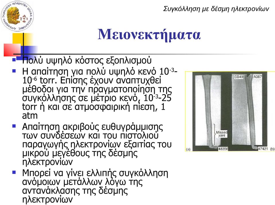 πίεση, 1 atm Απαίτηση ακριβούς ευθυγράμμισης των συνδέσεων και του πιστολιού παραγωγής ηλεκτρονίων εξαιτίας του μικρού