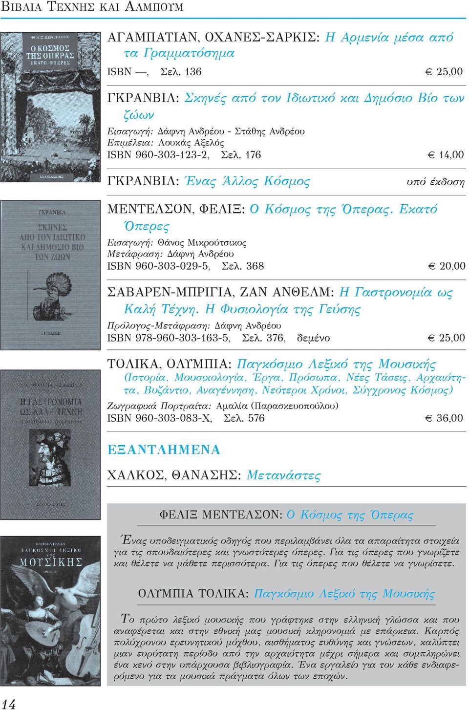 176 14,00 ΓΚΡΑΝΒΙΛ: Ένας Άλλος Κόσμος υπό έκδοση ΜΕΝΤΕΛΣΟΝ, ΦΕΛΙΞ: Ο Κόσμος της Όπερας. Εκατό Όπερες Εισαγωγή: Θάνος Μικρούτσικος Μετάφραση: Δάφνη Ανδρέου ISBN 960-303-029-5, Σελ.