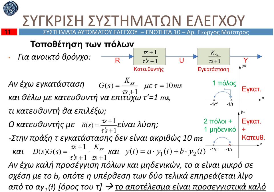 Ο κατευθυντής με B είναι λύση; 0m -Στην πράξη τ εγκατάστασης δεν είναι ακριβώς 0 m και και y t a y t b y t t πόλος πόλοι μηδενικό X -/τ ΟX -/τ