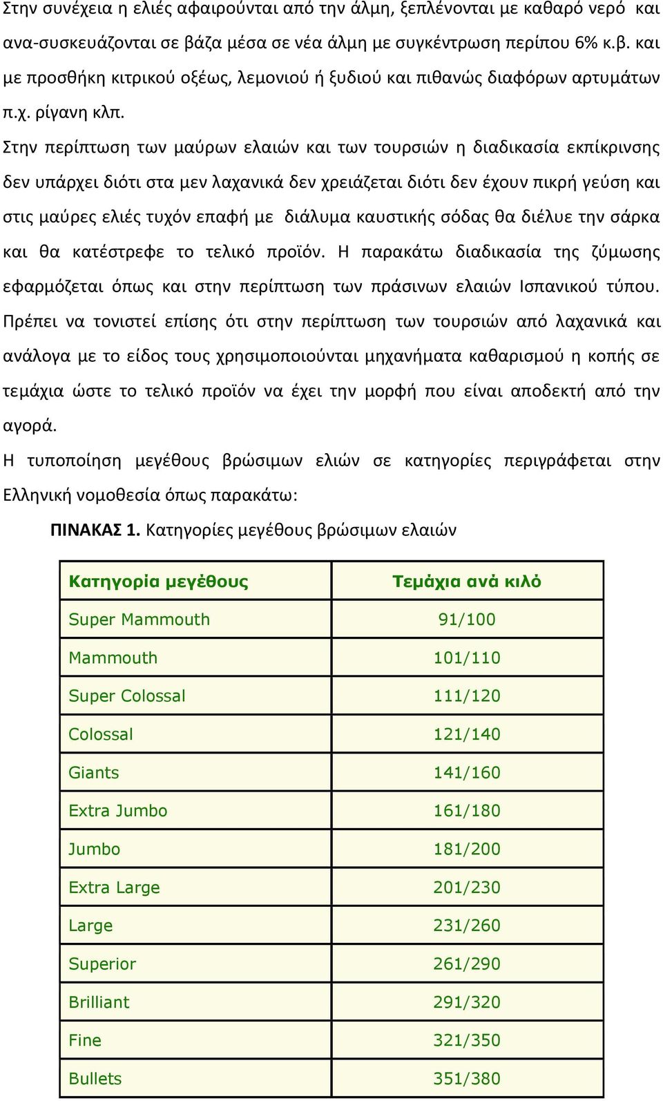 Στην περίπτωση των μαύρων ελαιών και των τουρσιών η διαδικασία εκπίκρινσης δεν υπάρχει διότι στα μεν λαχανικά δεν χρειάζεται διότι δεν έχουν πικρή γεύση και στις μαύρες ελιές τυχόν επαφή με διάλυμα