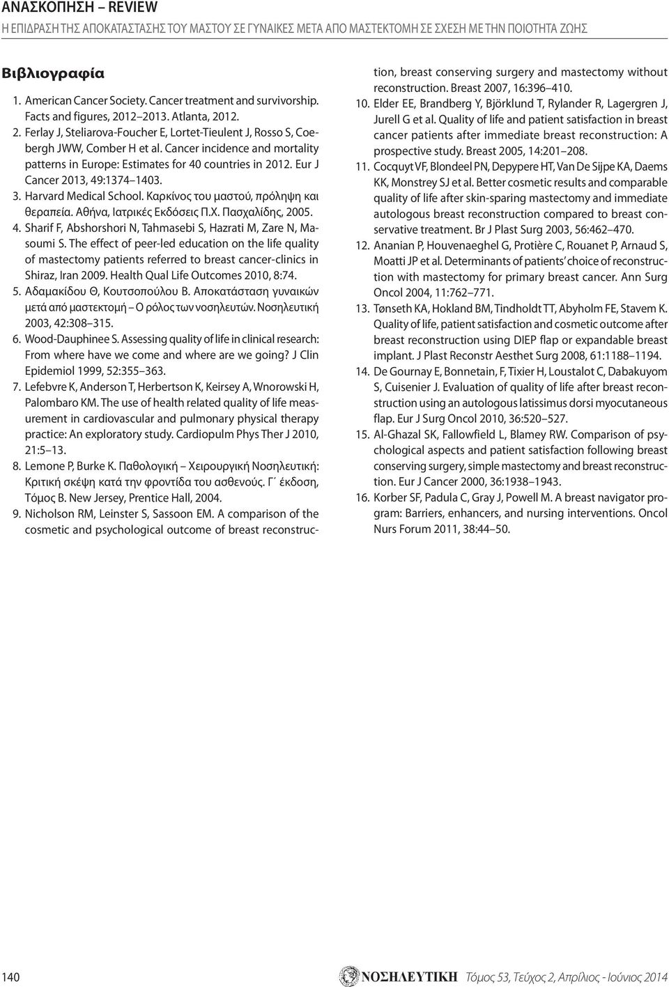 Cancer incidence and mortality patterns in Europe: Estimates for 40 countries in 2012. Eur J Cancer 2013, 49:1374 1403. 3. Harvard Medical School. Καρκίνος του μαστού, πρόληψη και θεραπεία.
