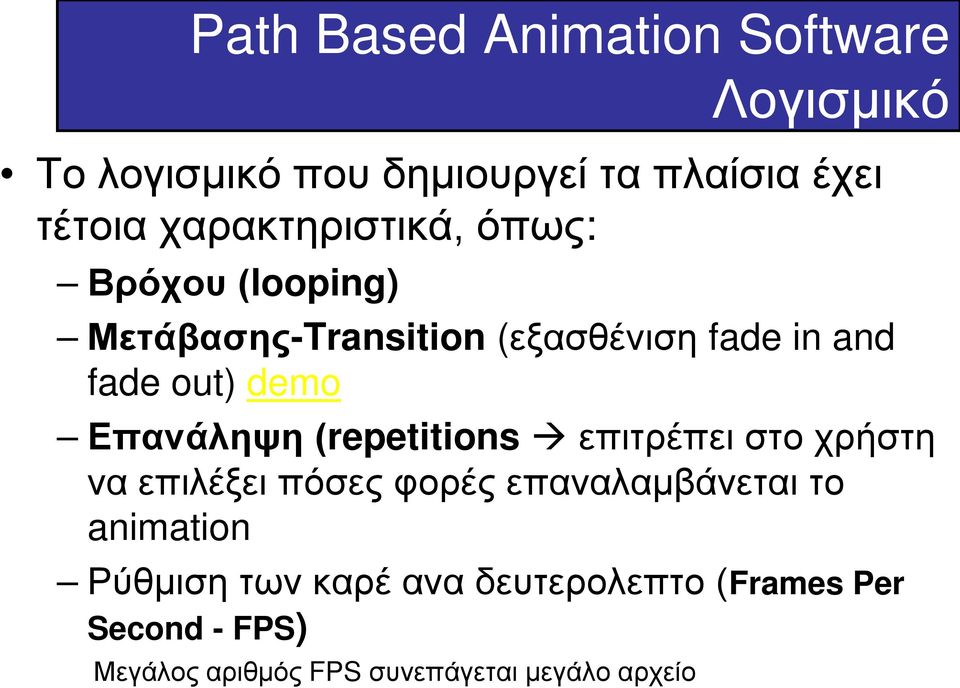 Επανάληψη (repetitions επιτρέπει στο χρήστη να επιλέξει πόσες φορές επαναλαμβάνεται το animation