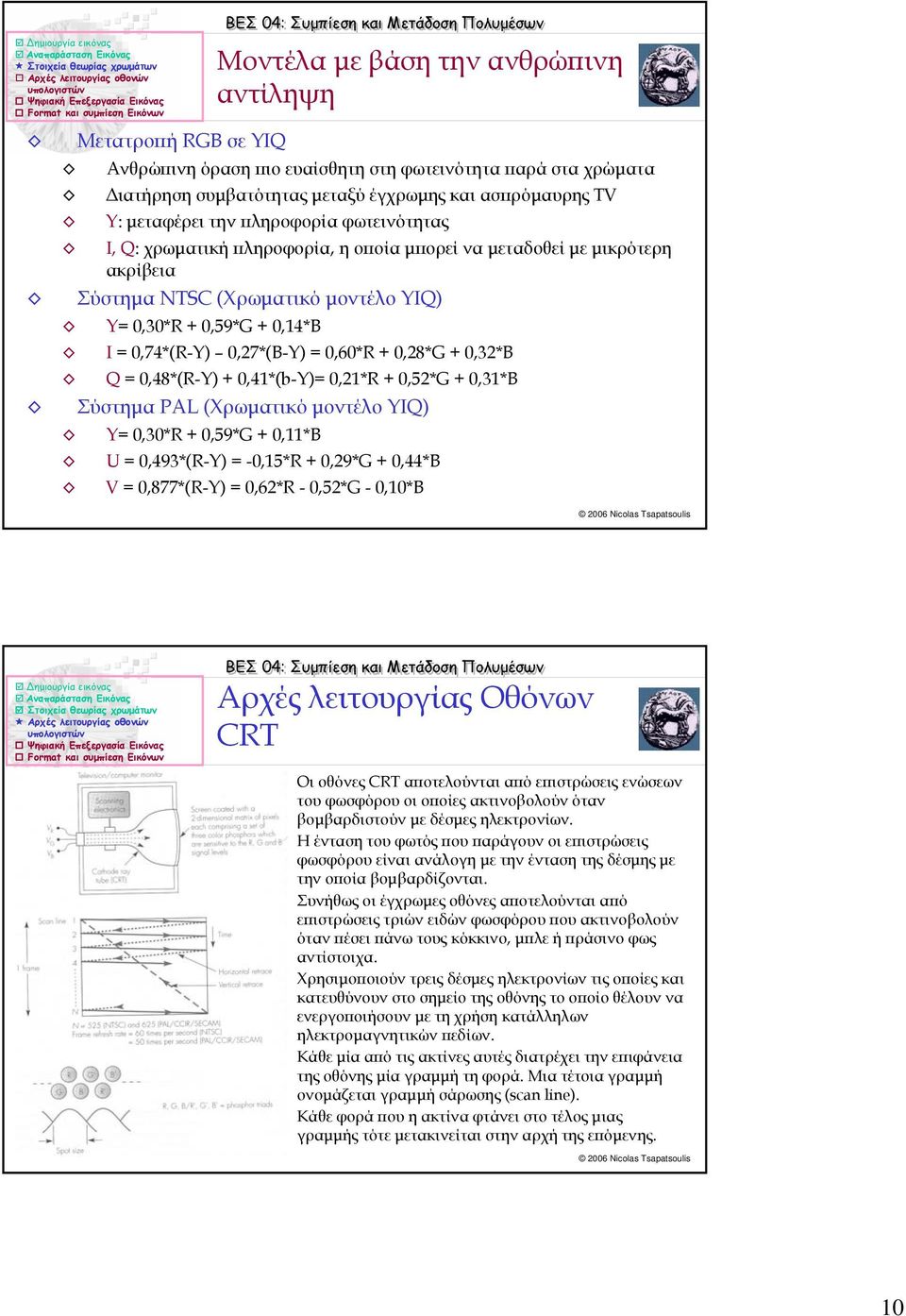 + 0,28*G + 0,32*B Q = 0,48*(R-Y) + 0,41*(b-Y)= 0,21*R + 0,52*G + 0,31*B Σύστηµα PAL (Χρωµατικό µοντέλο ΥΙQ) Y= 0,30*R + 0,59*G + 0,11*B U = 0,493*(R-Y) = -0,15*R + 0,29*G + 0,44*B V = 0,877*(R-Y) =