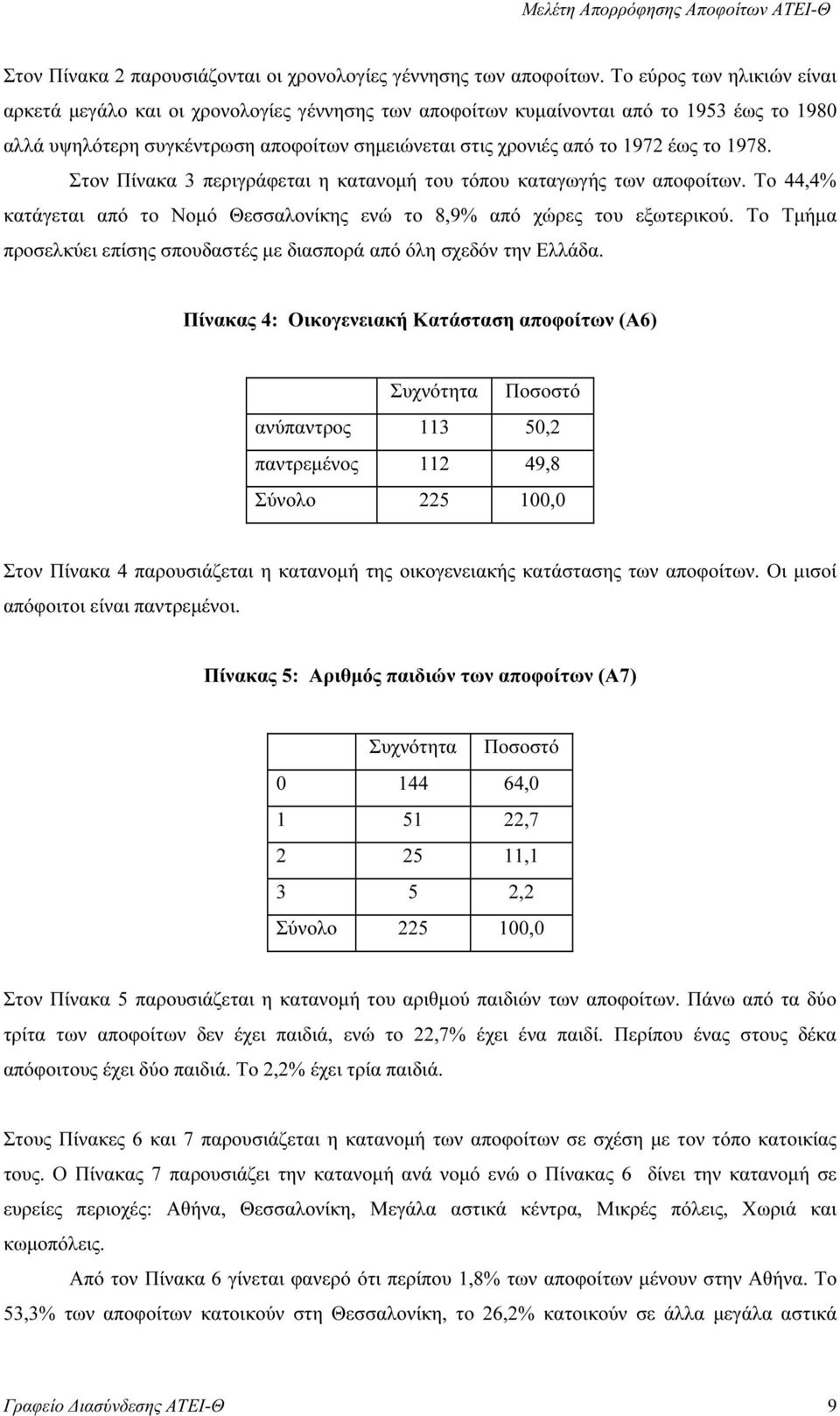 1978. Στον Πίνακα 3 περιγράφεται η κατανοµή του τόπου καταγωγής των αποφοίτων. Το 44,4% κατάγεται από το Νοµό Θεσσαλονίκης ενώ το 8,9% από χώρες του εξωτερικού.