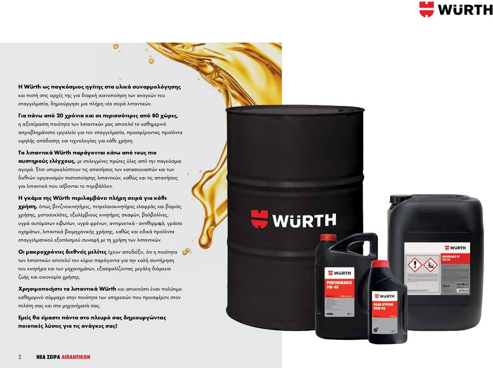 απόδοσης και τεχνολογίας για κάθε χρήση. Τα λιπαντικά Würth παράγονται κάτω από τους πιο αυστηρούς ελέγχους, με επιλεγμένες πρώτες ύλες από την παγκόσμια αγορά.