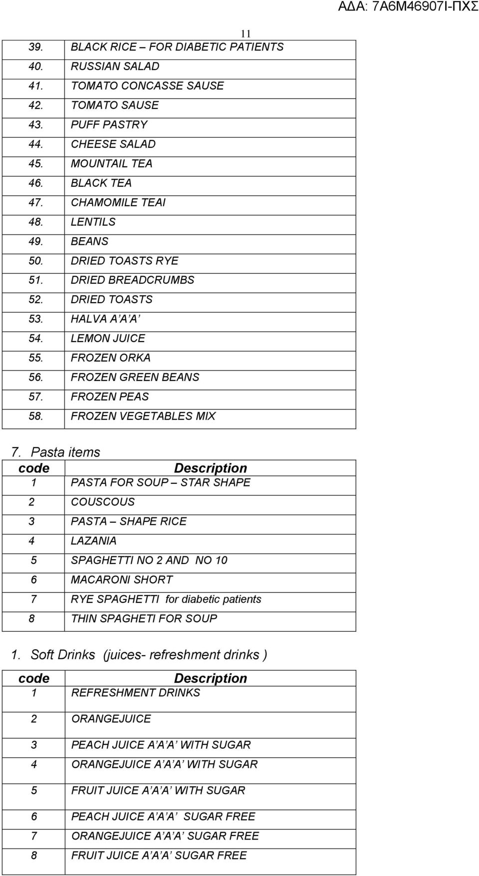 Pasta items 1 PASTA FOR SOUP STAR SHAPE 2 COUSCOUS 3 PASTA SHAPE RICE 4 LAZANIA 5 SPAGHETTI ΝΟ 2 AND ΝΟ 10 6 MACARONI SHORT 7 RYE SPAGHETTI for diabetic patients 8 THIN SPAGHETI FOR SOUP 1.