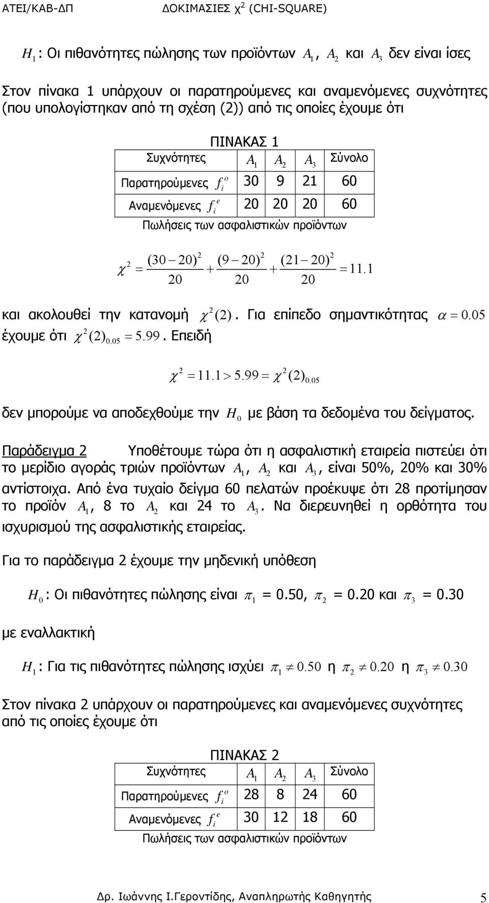 0 0 0 και ακολουθεί την κατανομή χ (). Για επίπεδο σημαντικότητας α = 0.05 έχουμε ότι χ () = 5.99. Επειδή 0.05 χ =. > 5.99 = χ () 0.