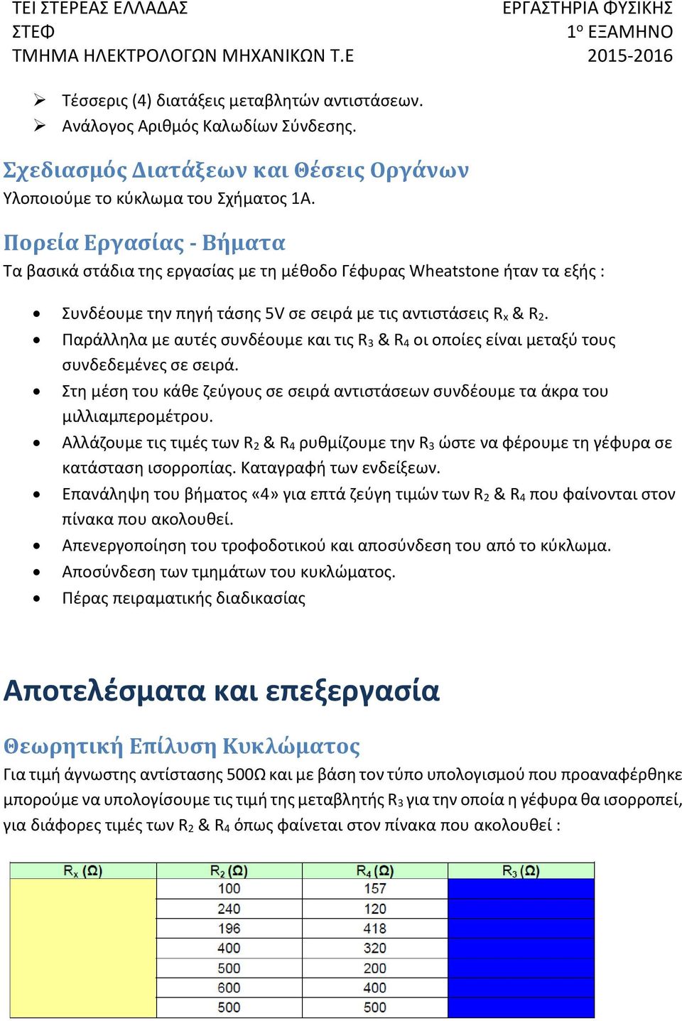 Παράλληλα με αυτές συνδέουμε και τις R 3 & R 4 οι οποίες είναι μεταξύ τους συνδεδεμένες σε σειρά. Στη μέση του κάθε ζεύγους σε σειρά αντιστάσεων συνδέουμε τα άκρα του μιλλιαμπερομέτρου.