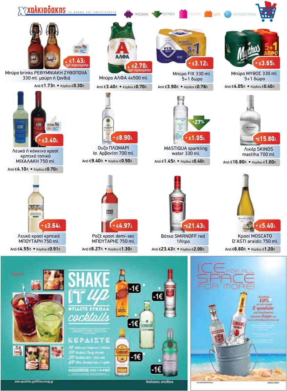 8.90λ. Ουζο ΠΛΩΜΑΡΙ Ισ. Αρβανίτη 700 ml. Από 9.40λ. Κέρδος 0.50λ. 1.05λ. MASTIQUA sparkling water 330 ml. Από 1.45λ. Κέρδος 0.40λ. 15.80λ. Λικέρ SKINOS mastiha 700 ml. Από 16.80λ. Κέρδος 1.00λ. Από 4.