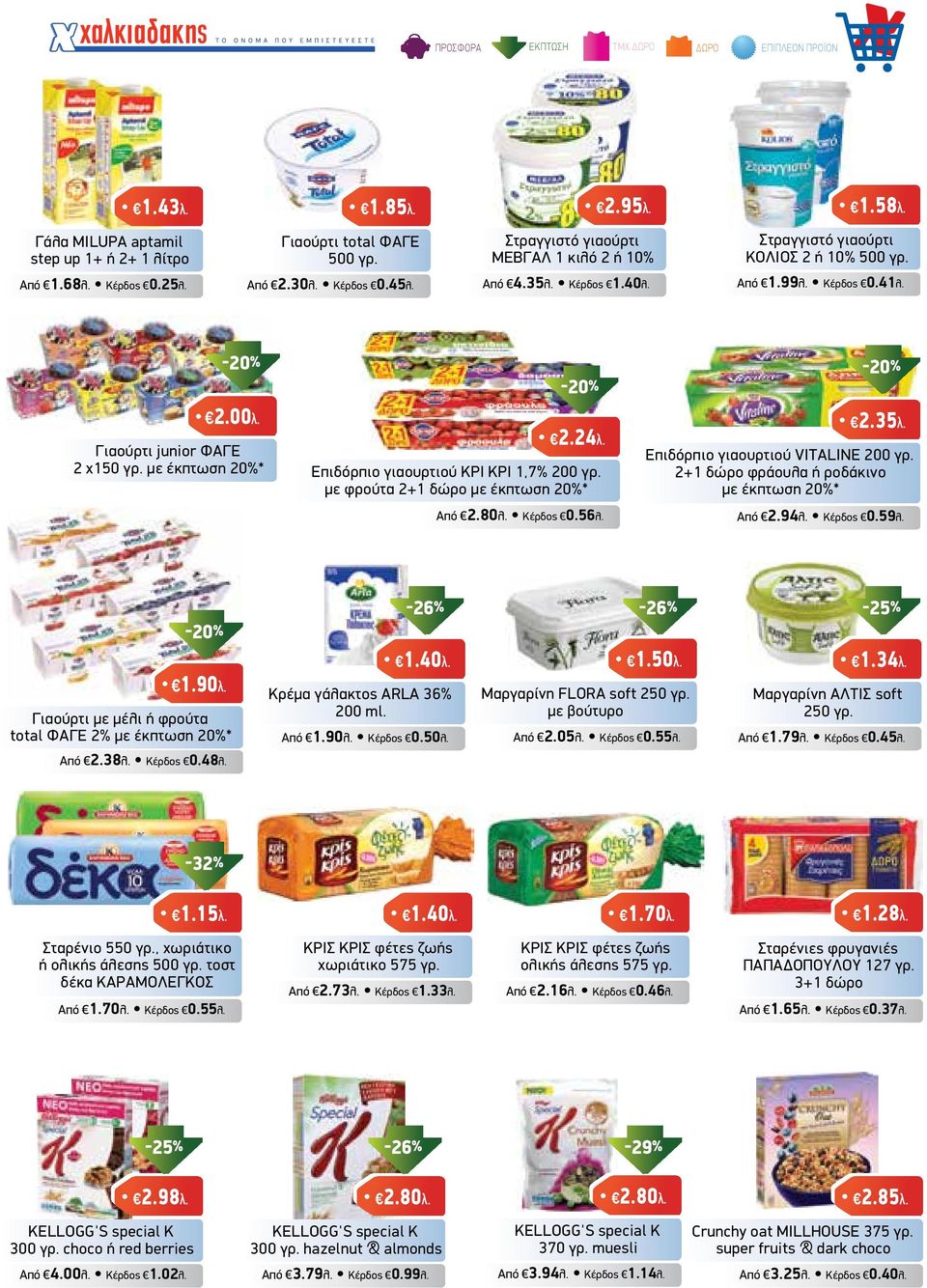 24λ. Επιδόρπιο γιαουρτιού ΚΡΙ ΚΡΙ 1,7% 200 γρ. µε φρούτα 2+1 δώρο µε έκπτωση 20% Από 2.80λ. Κέρδος 0.56λ. 2.35λ. Επιδόρπιο γιαουρτιού VITALINE 200 γρ. 2+1 δώρο φράουλα ή ροδάκινο µε έκπτωση 20% Από 2.