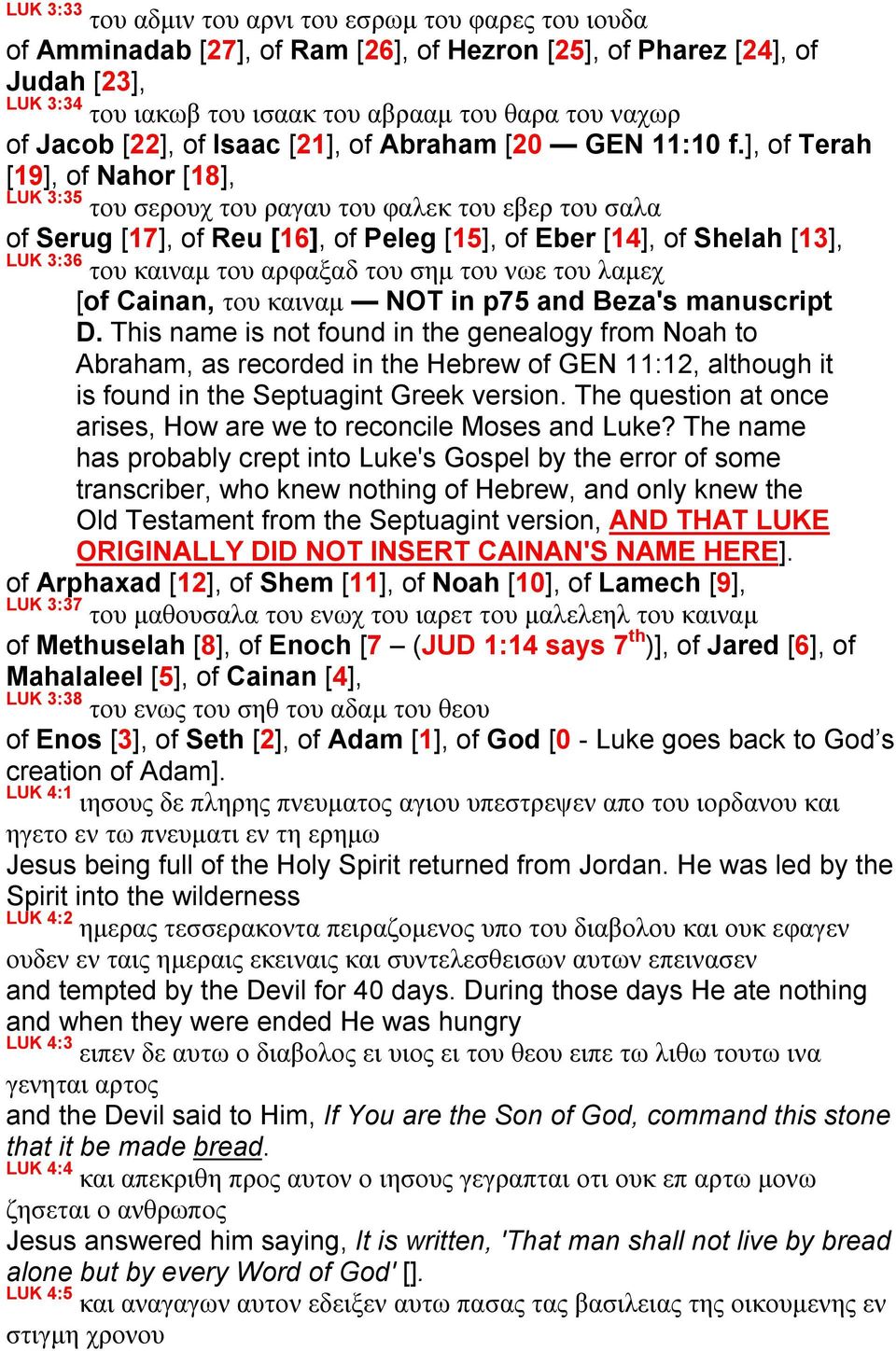], of Terah [19], of Nahor [18], LUK 3:35 του σερουχ του ραγαυ του φαλεκ του εβερ του σαλα of Serug [17], of Reu [16], of Peleg [15], of Eber [14], of Shelah [13], LUK 3:36 του καιναμ του αρφαξαδ του