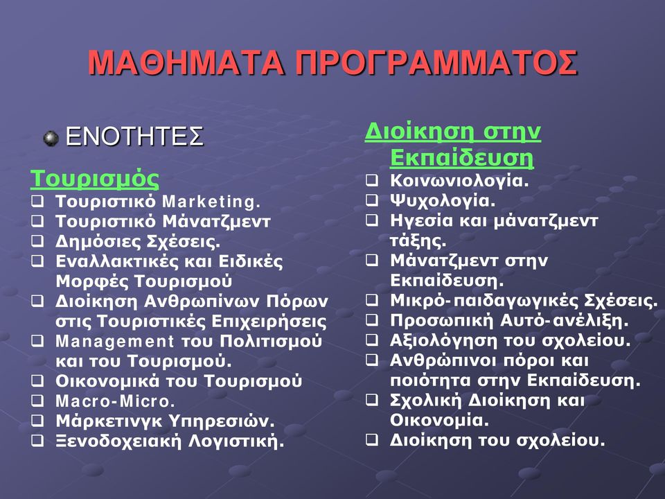 Οικονομικά του Τουρισμού Macro-Micro. Μάρκετινγκ Υπηρεσιών. Ξενοδοχειακή Λογιστική. Διοίκηση στην Εκπαίδευση Κοινωνιολογία. Ψυχολογία.