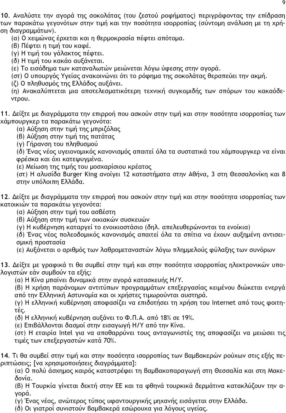 (ε) Το εισόδημα των καταναλωτών μειώνεται λόγω ύφεσης στην αγορά. (στ) Ο υπουργός Υγείας ανακοινώνει ότι το ρόφημα της σοκολάτας θεραπεύει την ακμή. (ζ) Ο πληθυσμός της Ελλάδος αυξάνει.
