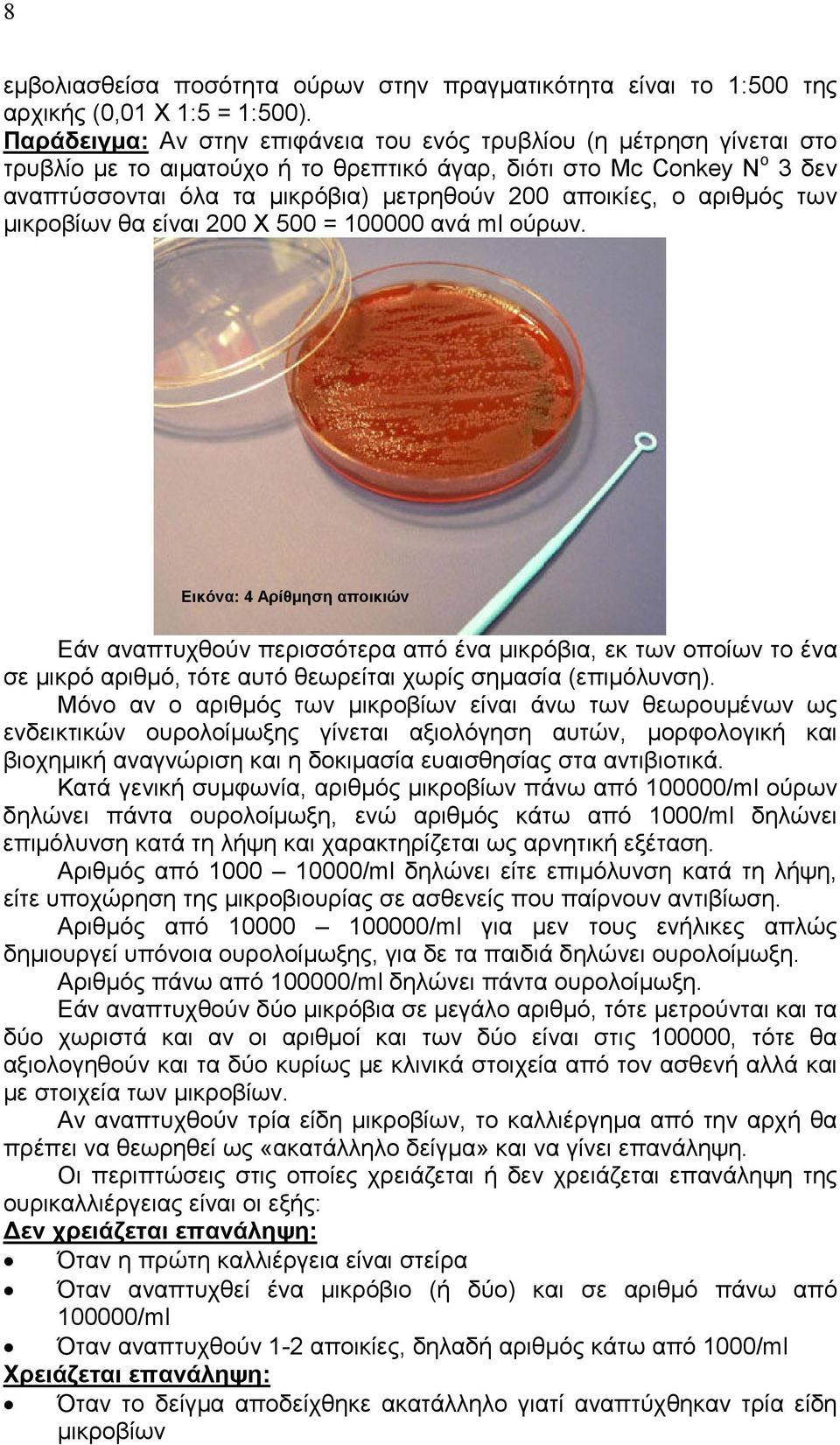 ο αριθμός των μικροβίων θα είναι 200 Χ 500 = 100000 ανά ml ούρων.