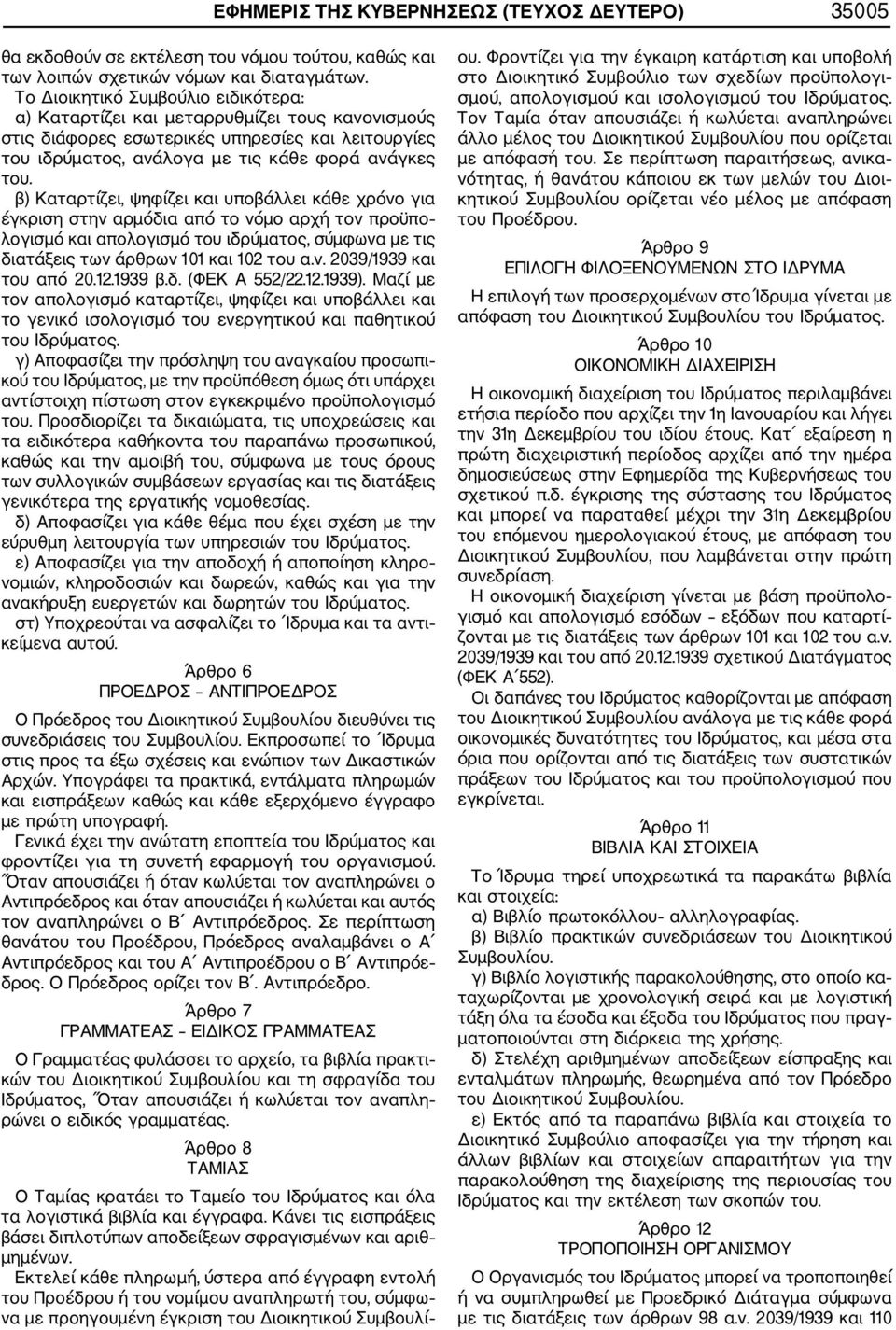 β) Καταρτίζει, ψηφίζει και υποβάλλει κάθε χρόνο για έγκριση στην αρμόδια από το νόμο αρχή τον προϋπο λογισμό και απολογισμό του ιδρύματος, σύμφωνα με τις διατάξεις των άρθρων 101 και 102 του α.ν. 2039/1939 και του από 20.
